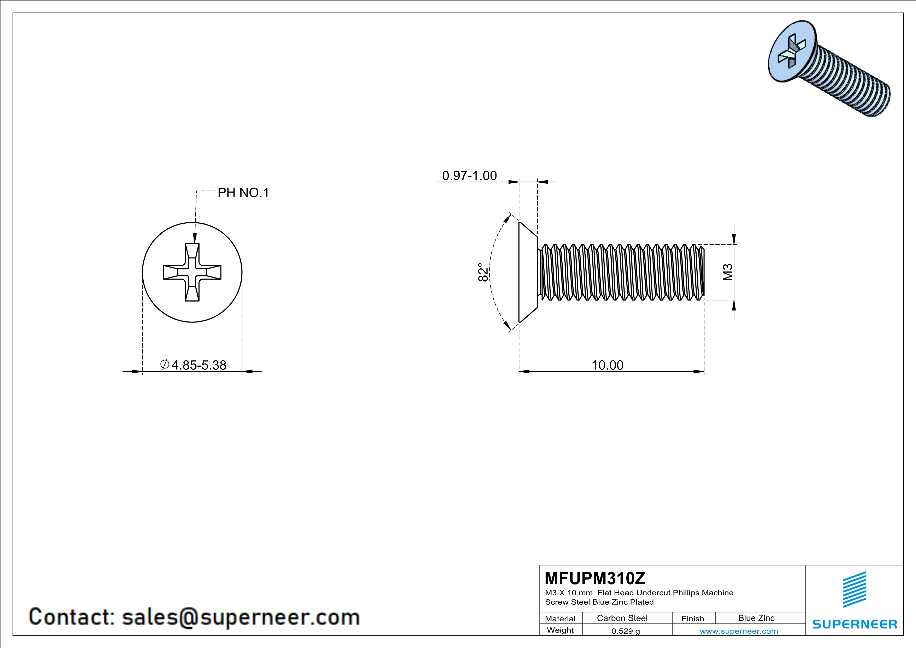 M3 x 10 mm Flat Head Undercut Phillips Machine Screw Steel Blue Zinc Plated