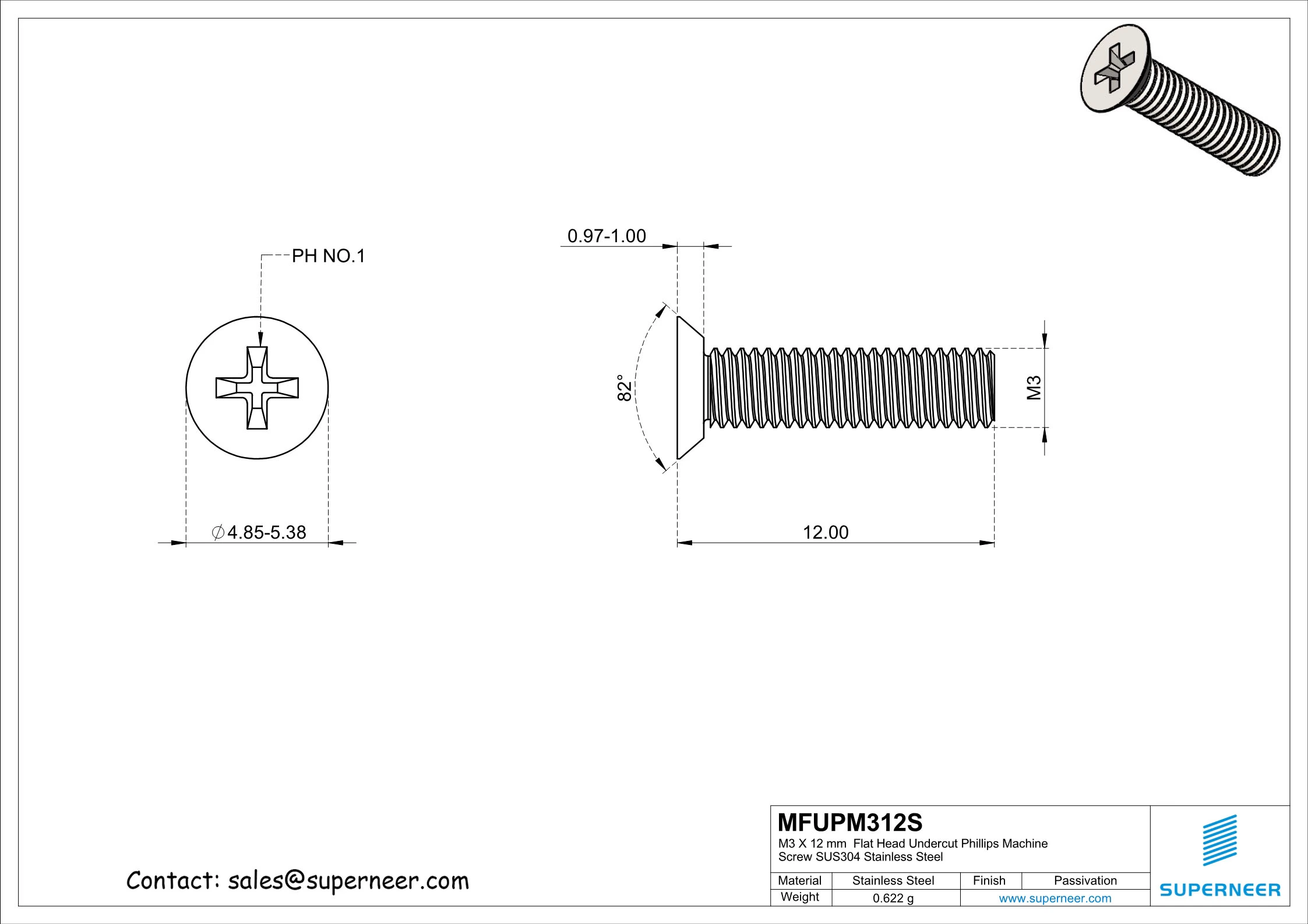 M3 x 12 mm  Flat Head Undercut Phillips Machine Screw SUS304 Stainless Steel Inox