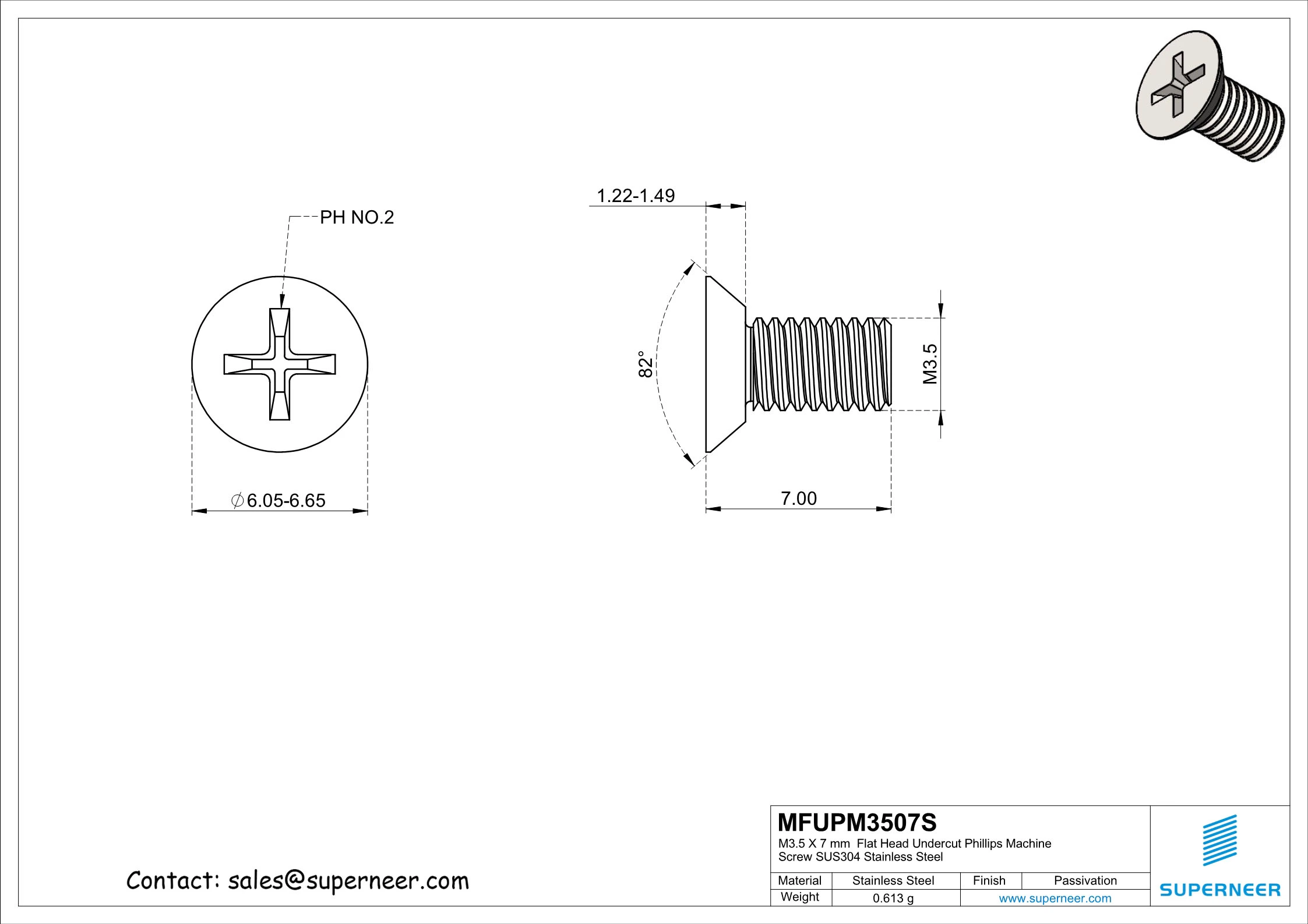 M3.5 x 7 mm  Flat Head Undercut Phillips Machine Screw SUS304 Stainless Steel Inox