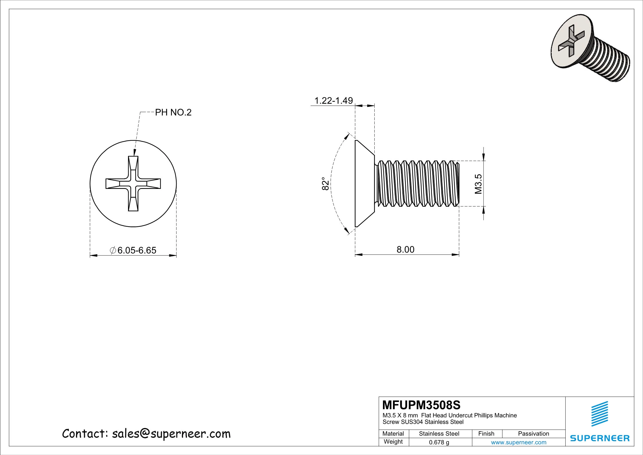 M3.5 x 8 mm  Flat Head Undercut Phillips Machine Screw SUS304 Stainless Steel Inox