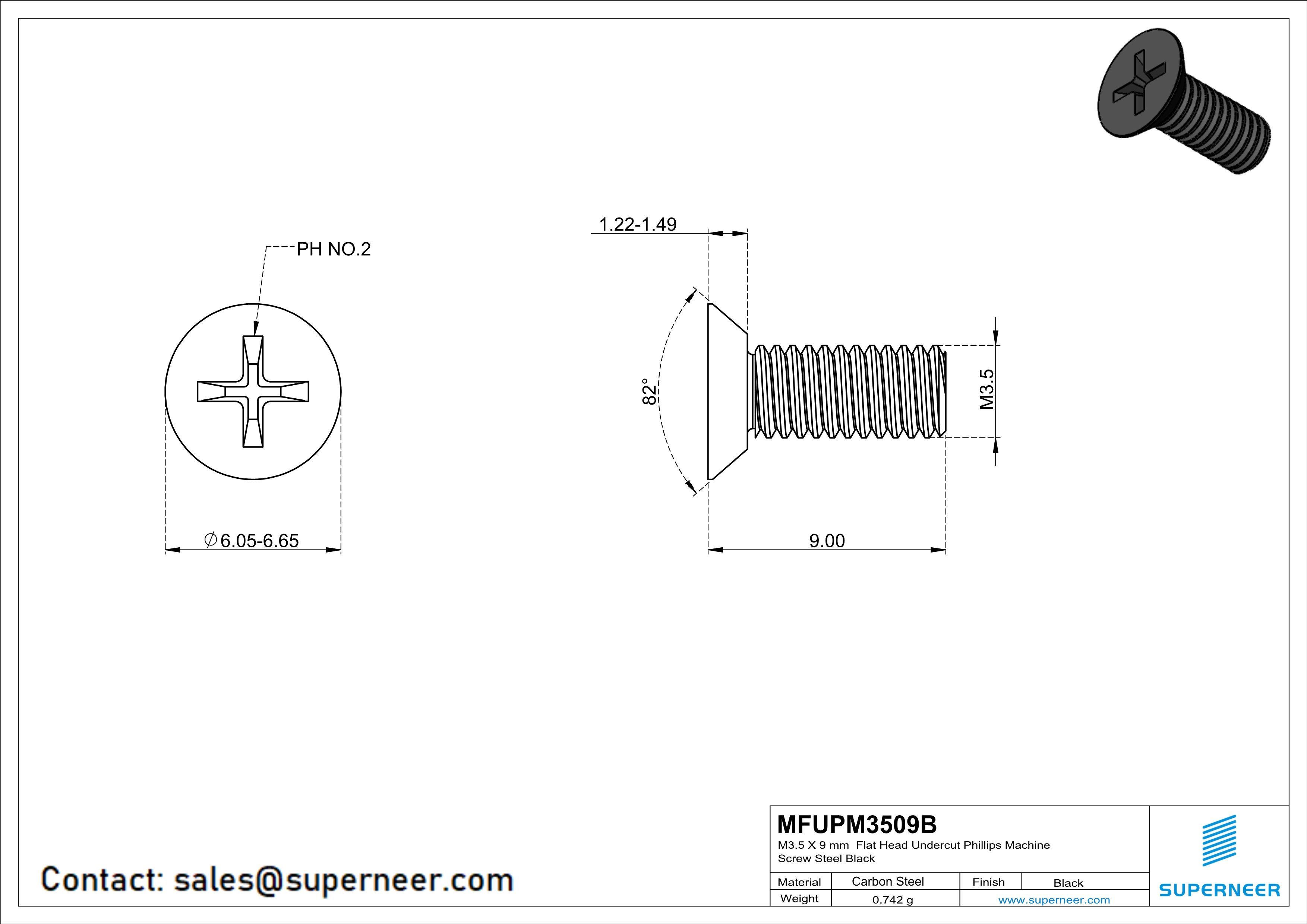 M3.5 x 9 mm Flat Head Undercut Phillips Machine Screw Steel Black