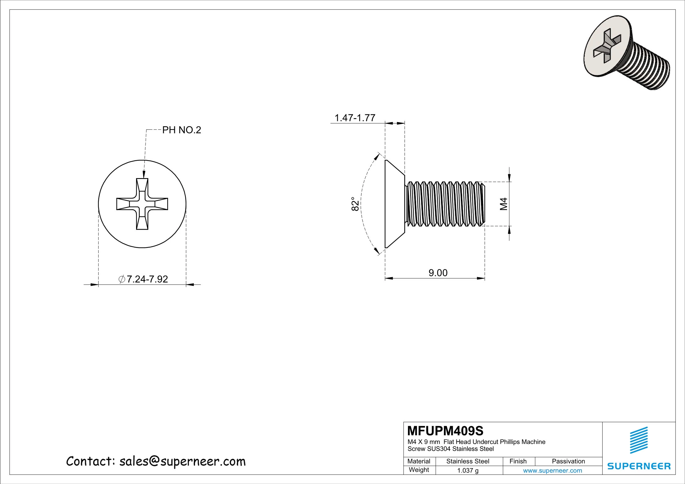 M3.5 x 9 mm  Flat Head Undercut Phillips Machine Screw SUS304 Stainless Steel Inox