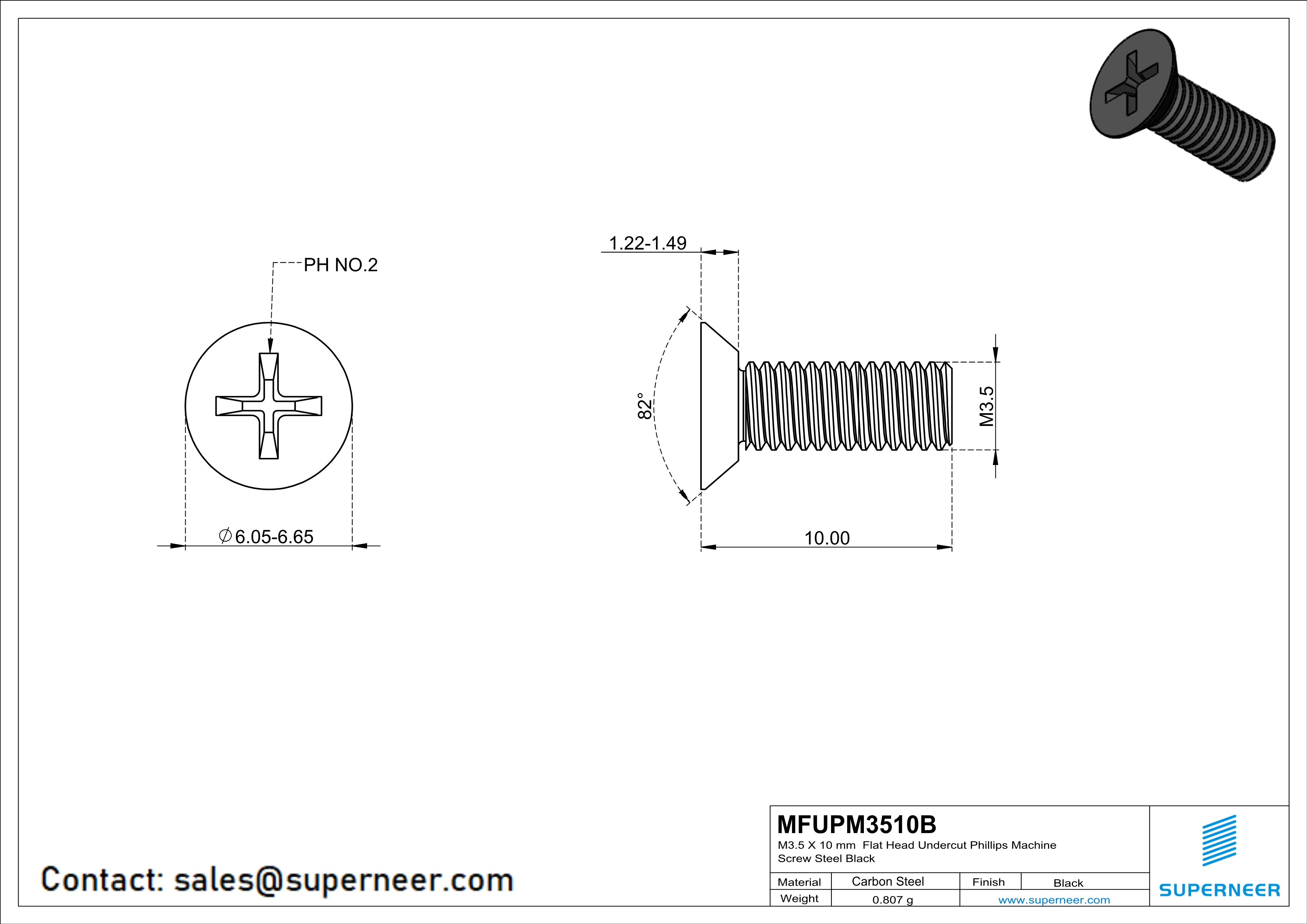 M3.5 x 10 mm Flat Head Undercut Phillips Machine Screw Steel Black