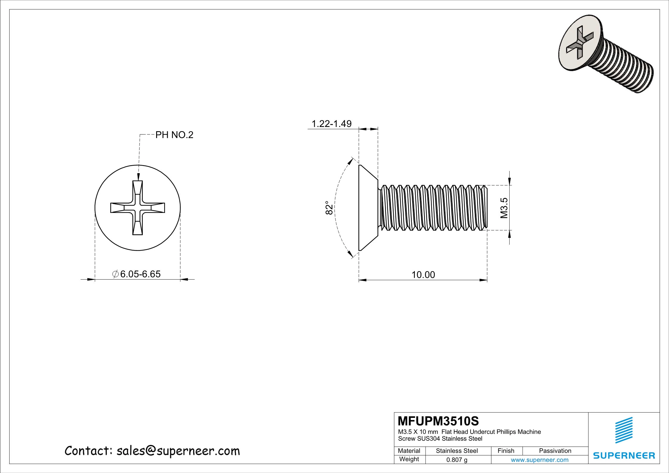 M3.5 x 10 mm  Flat Head Undercut Phillips Machine Screw SUS304 Stainless Steel Inox