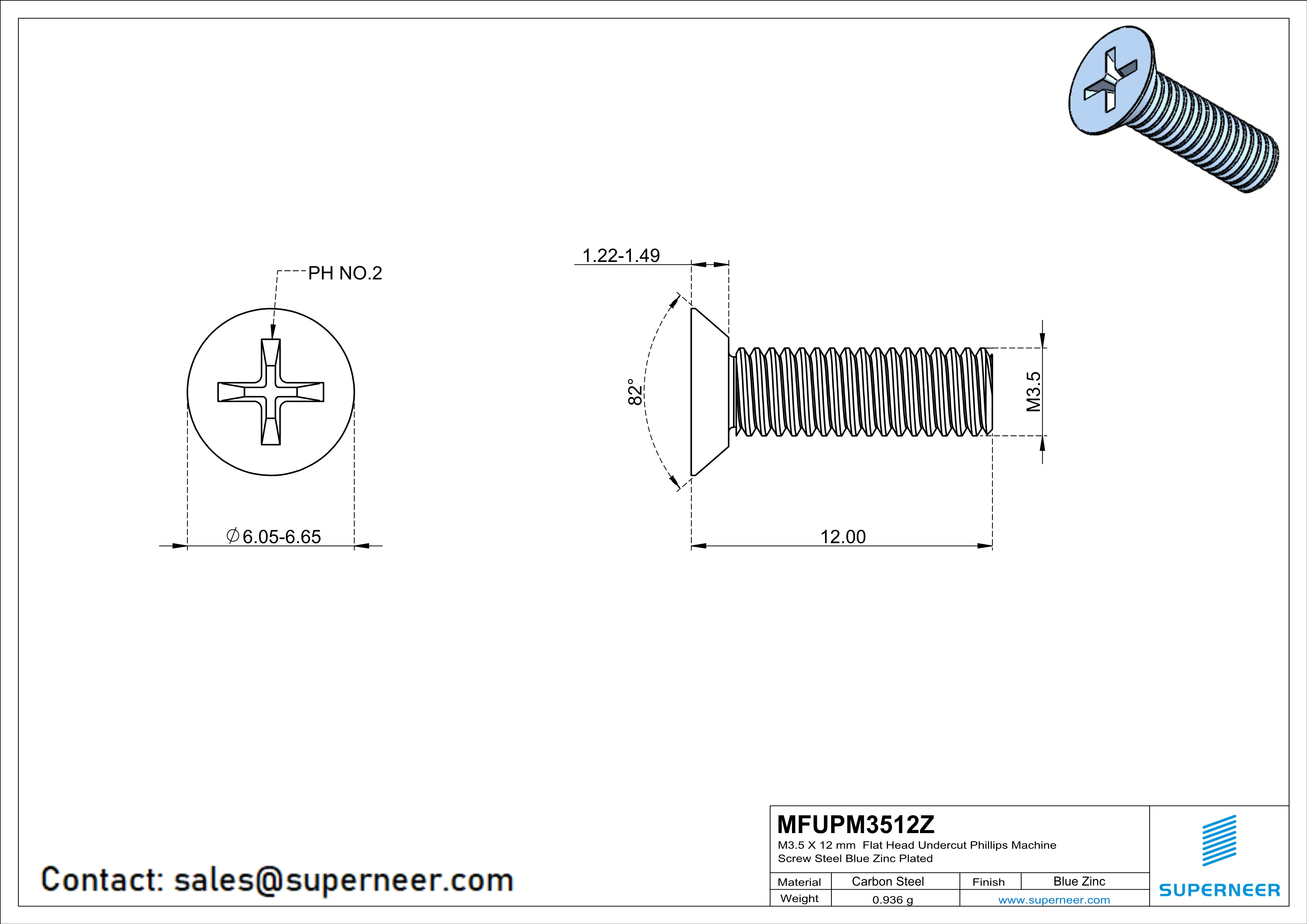 M3.5 x 12 mm Flat Head Undercut Phillips Machine Screw Steel Blue Zinc Plated