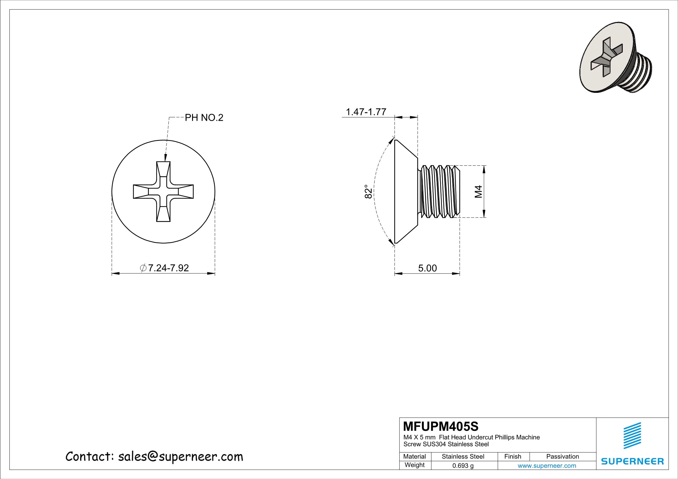 M4 x 5 mm  Flat Head Undercut Phillips Machine Screw SUS304 Stainless Steel Inox