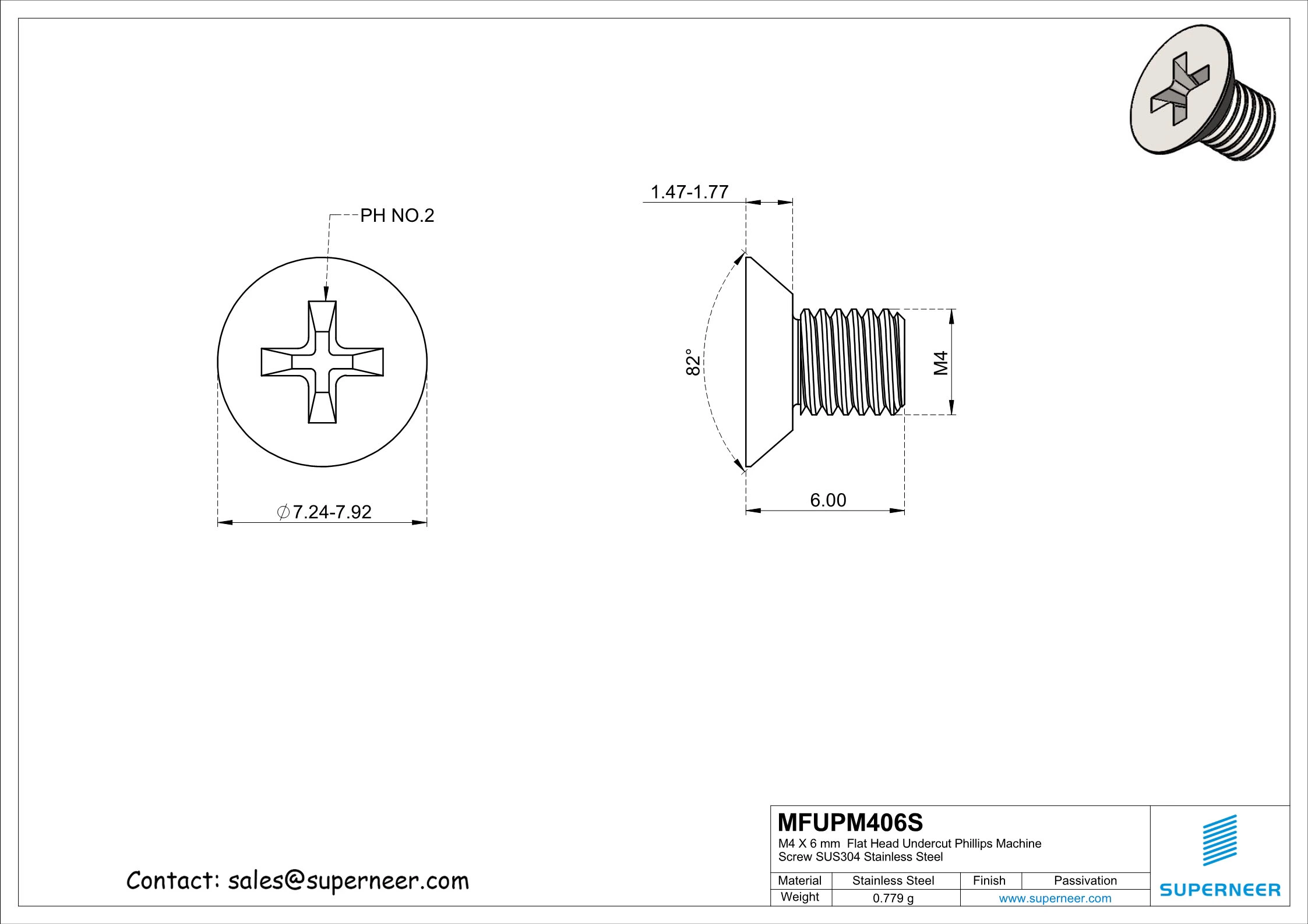 M4 x 6 mm  Flat Head Undercut Phillips Machine Screw SUS304 Stainless Steel Inox