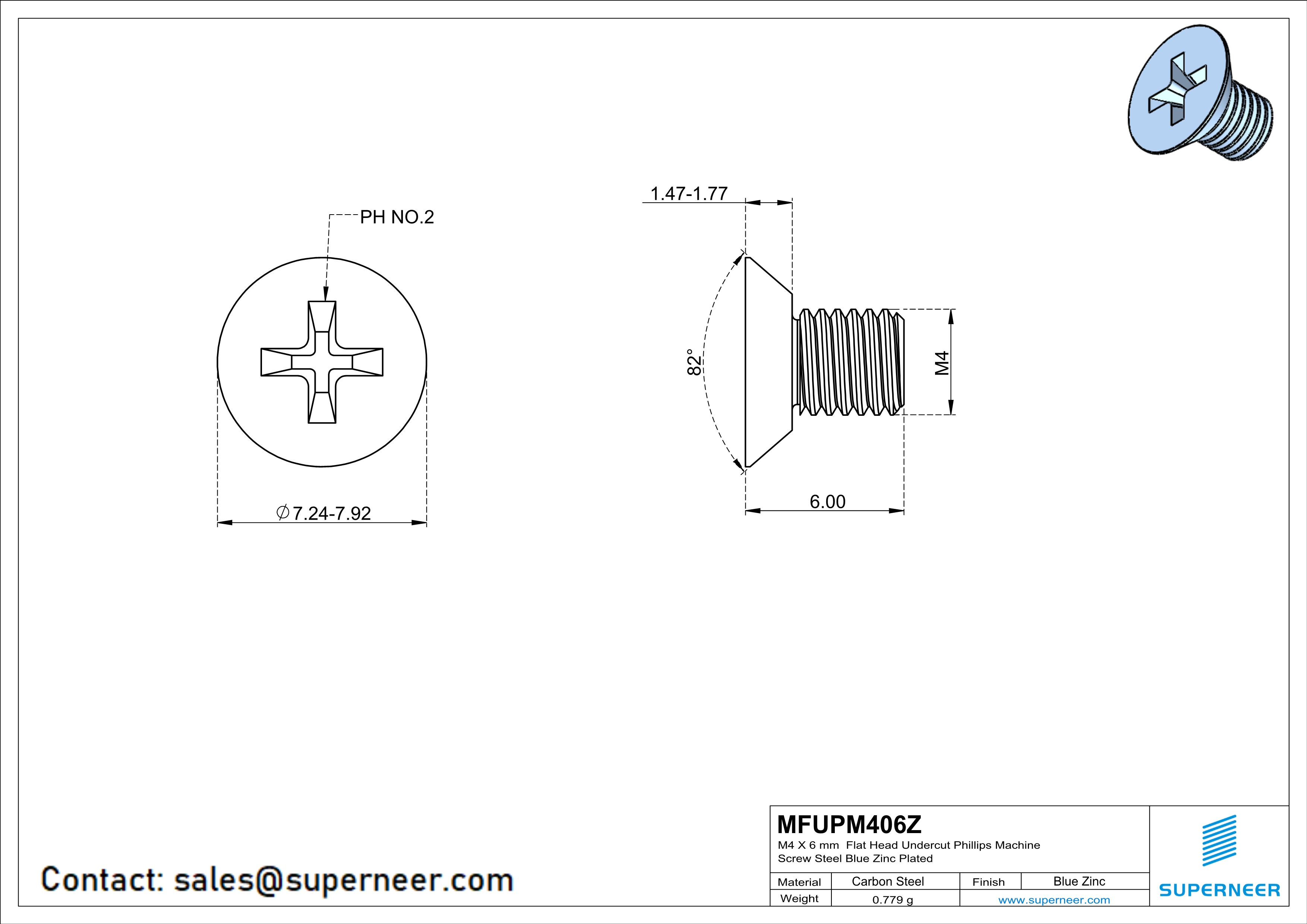 M4 x 6 mm Flat Head Undercut Phillips Machine Screw Steel Blue Zinc Plated