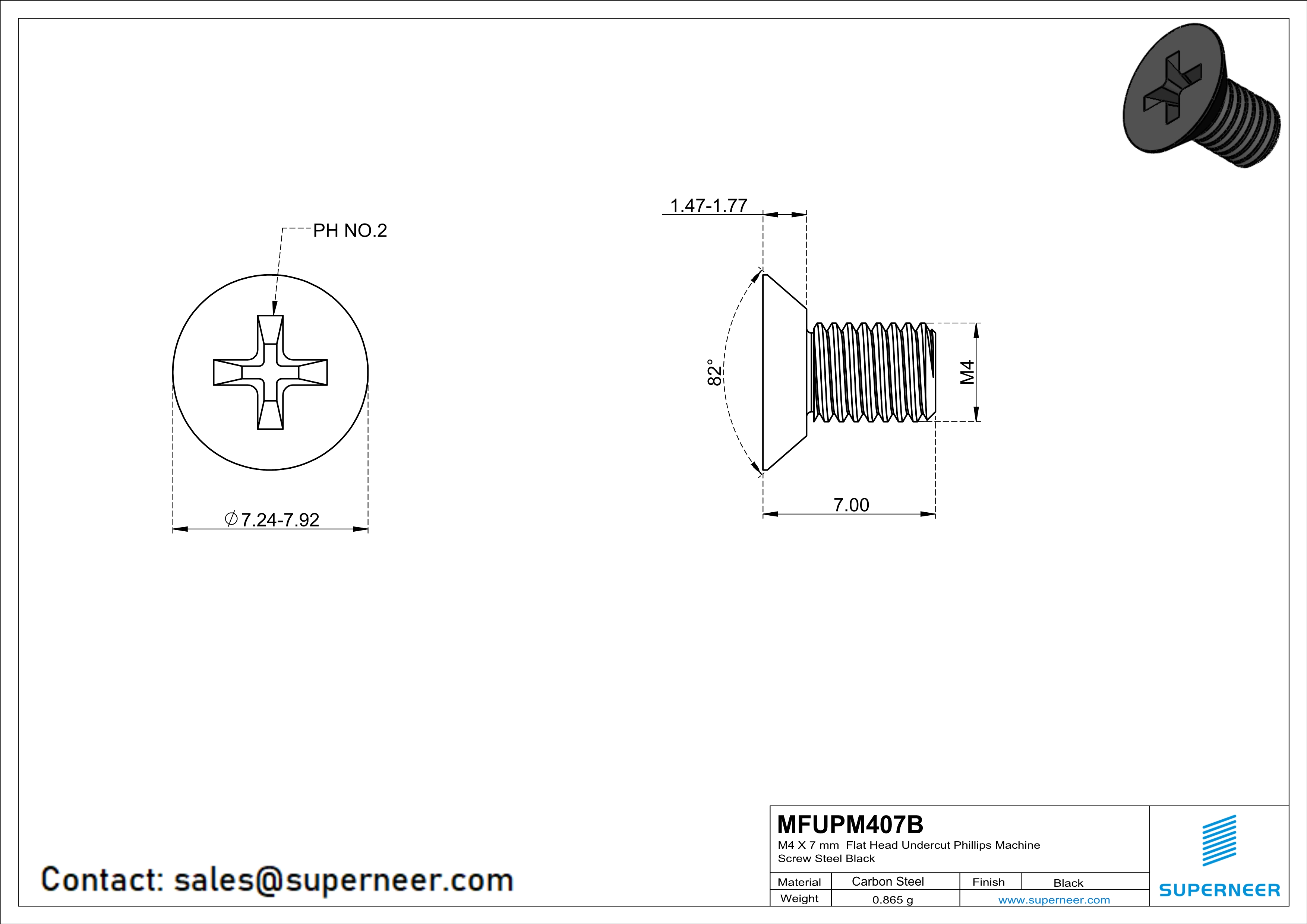 M4 x 7 mm Flat Head Undercut Phillips Machine Screw Steel Black