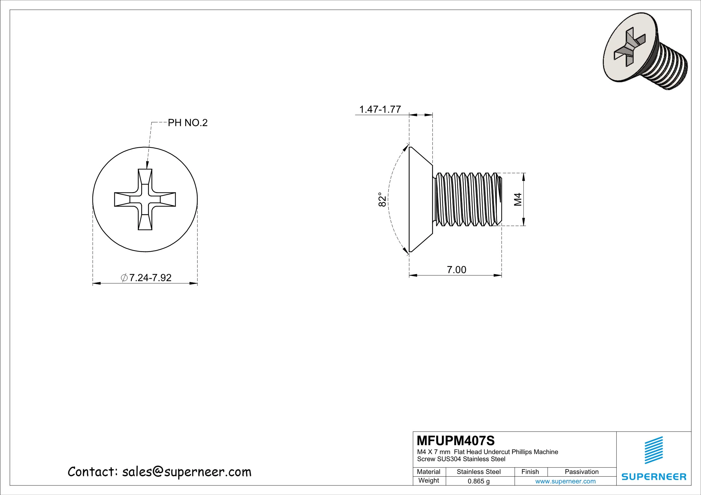 M4 x 7 mm  Flat Head Undercut Phillips Machine Screw SUS304 Stainless Steel Inox