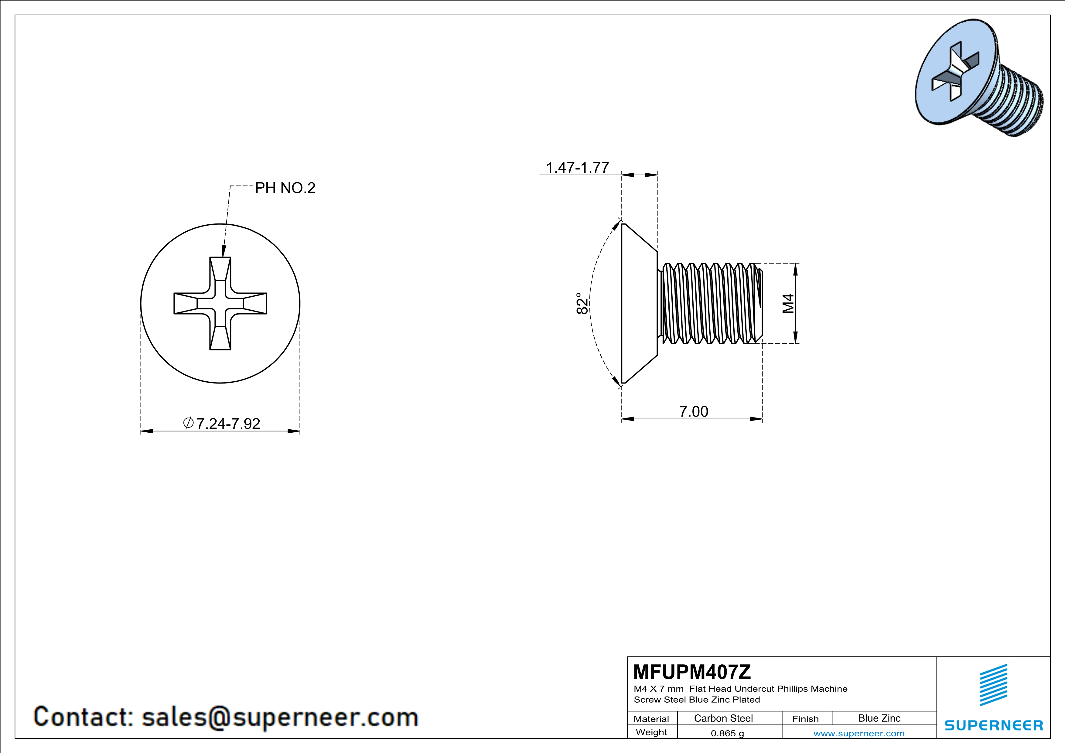 M4 x 7 mm Flat Head Undercut Phillips Machine Screw Steel Blue Zinc Plated