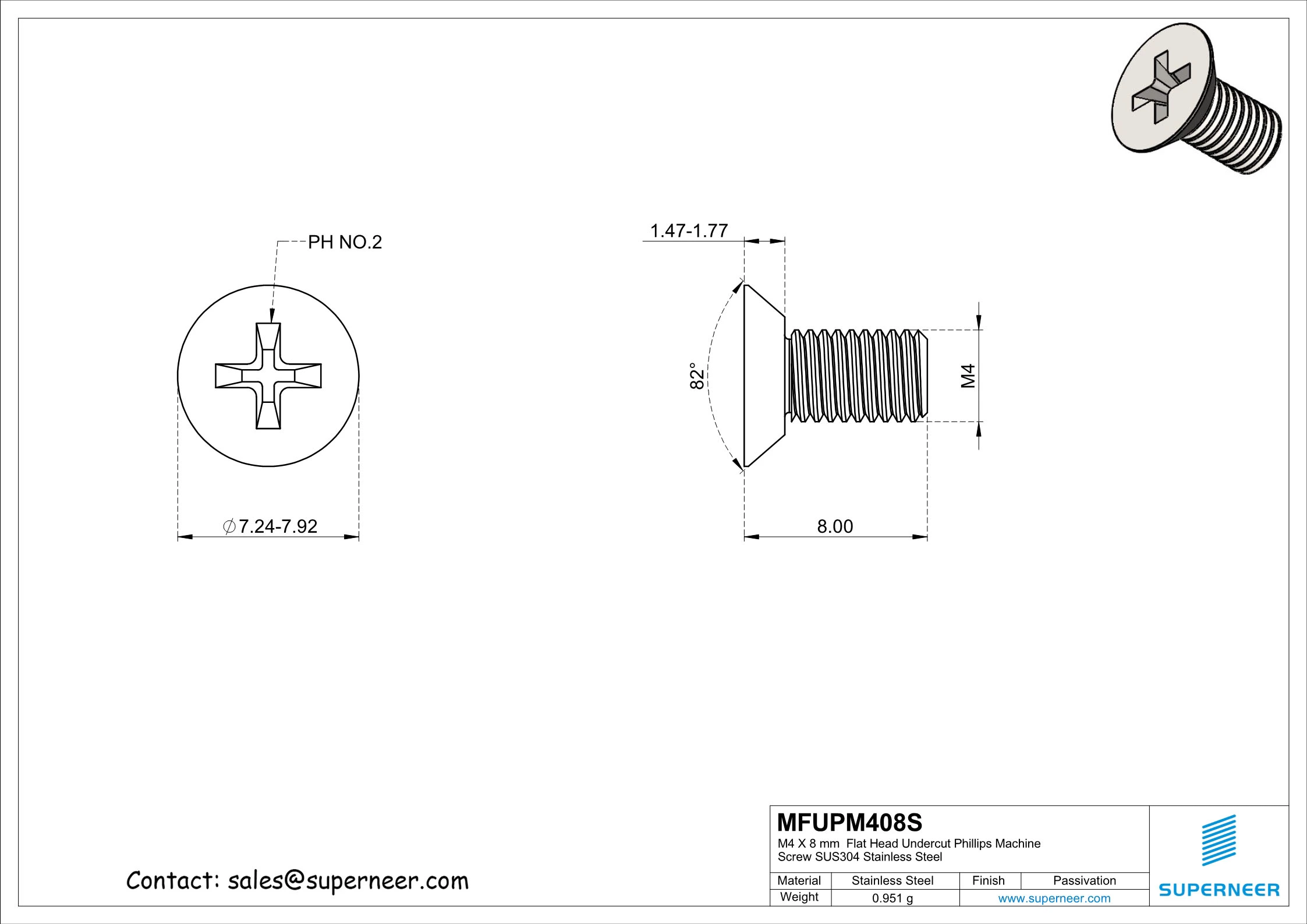 M4 x 8 mm  Flat Head Undercut Phillips Machine Screw SUS304 Stainless Steel Inox