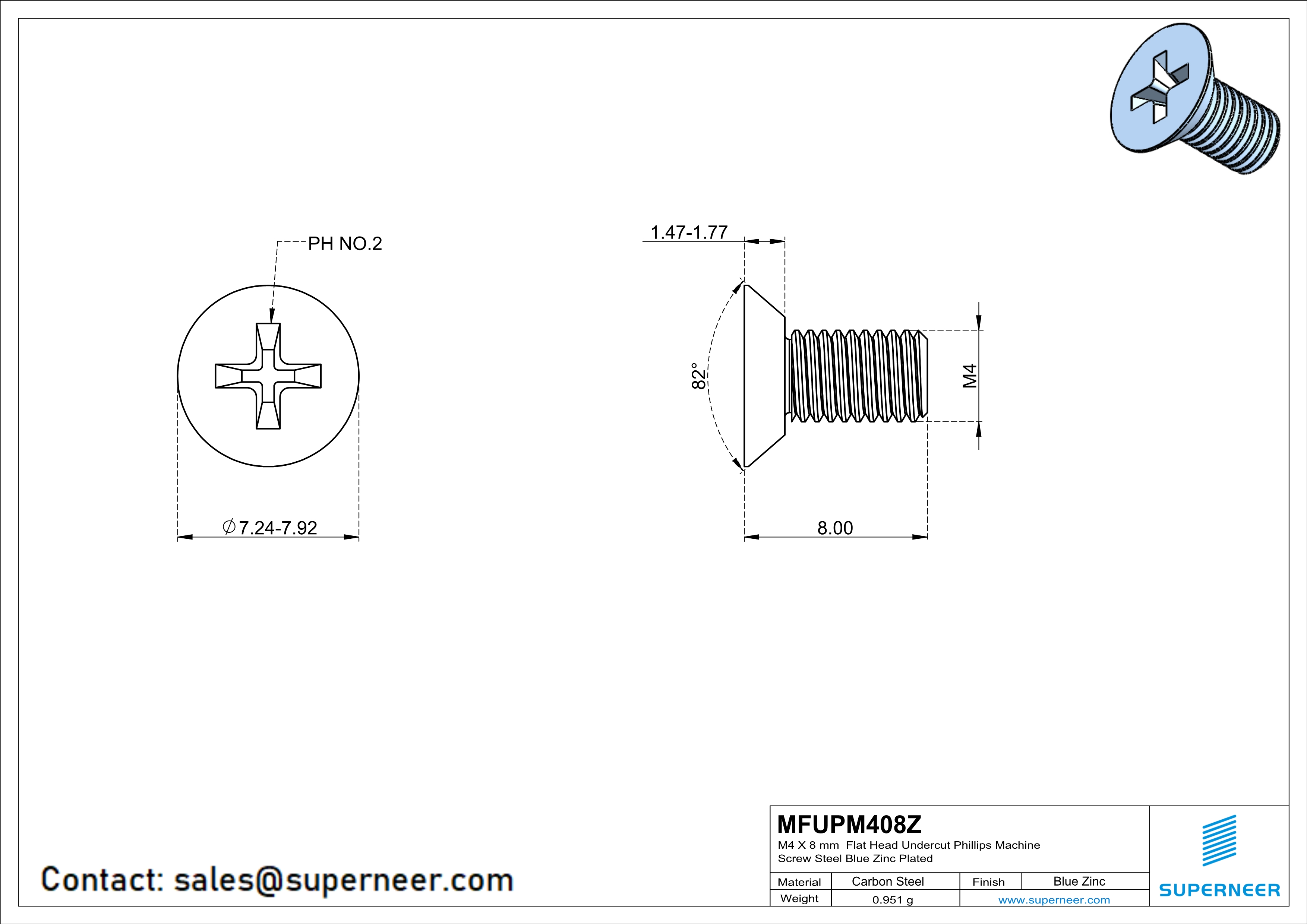 M4 x 8 mm Flat Head Undercut Phillips Machine Screw Steel Blue Zinc Plated