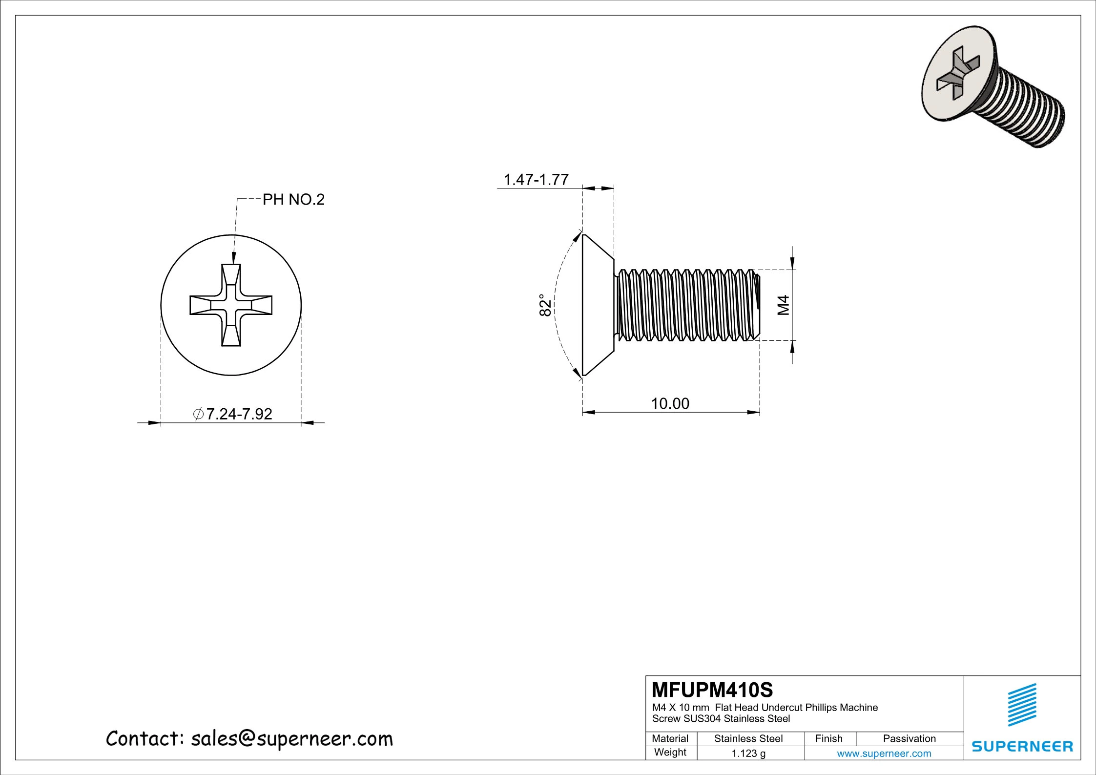 M4 x 10 mm  Flat Head Undercut Phillips Machine Screw SUS304 Stainless Steel Inox