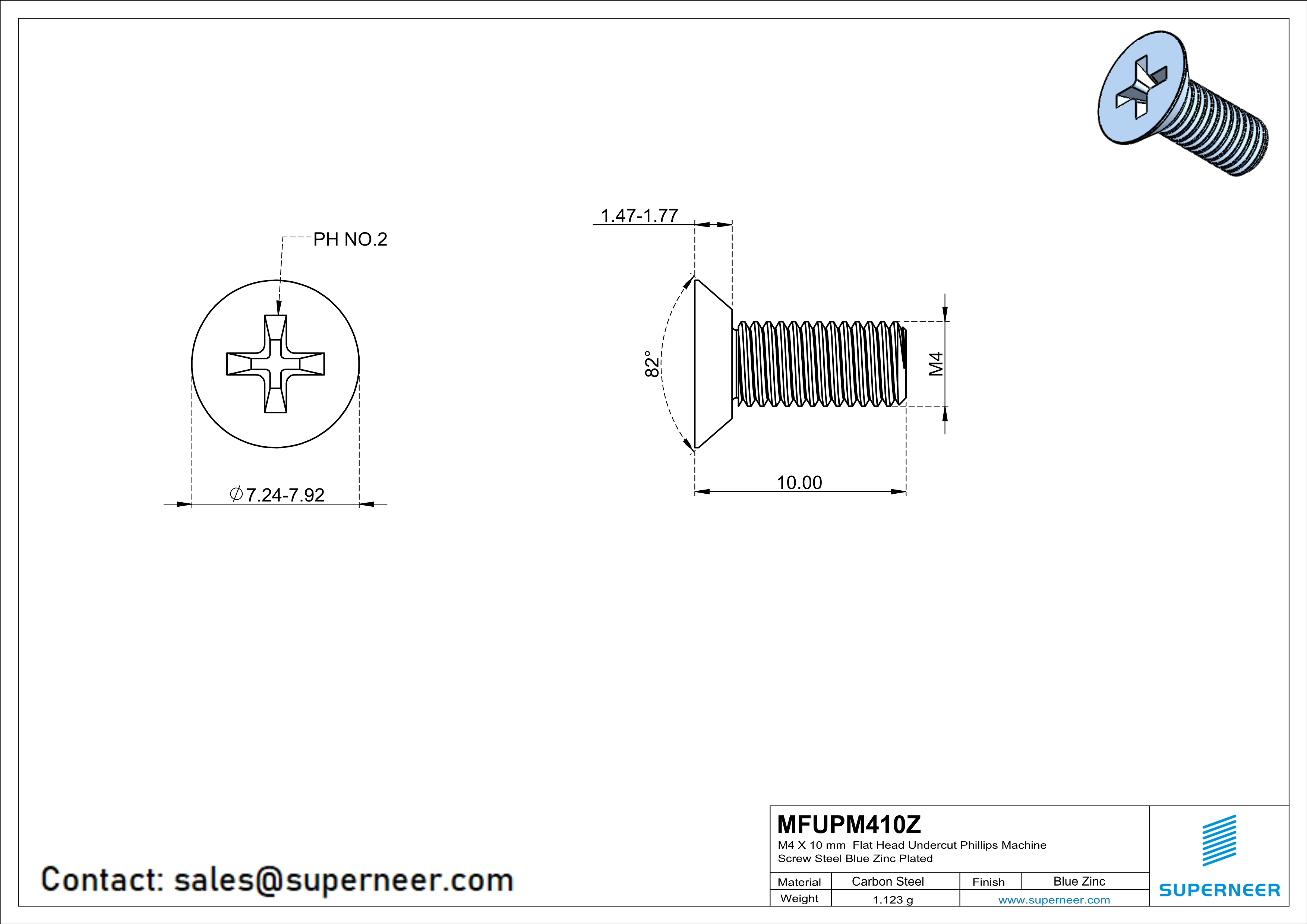 M4 x 10 mm Flat Head Undercut Phillips Machine Screw Steel Blue Zinc Plated