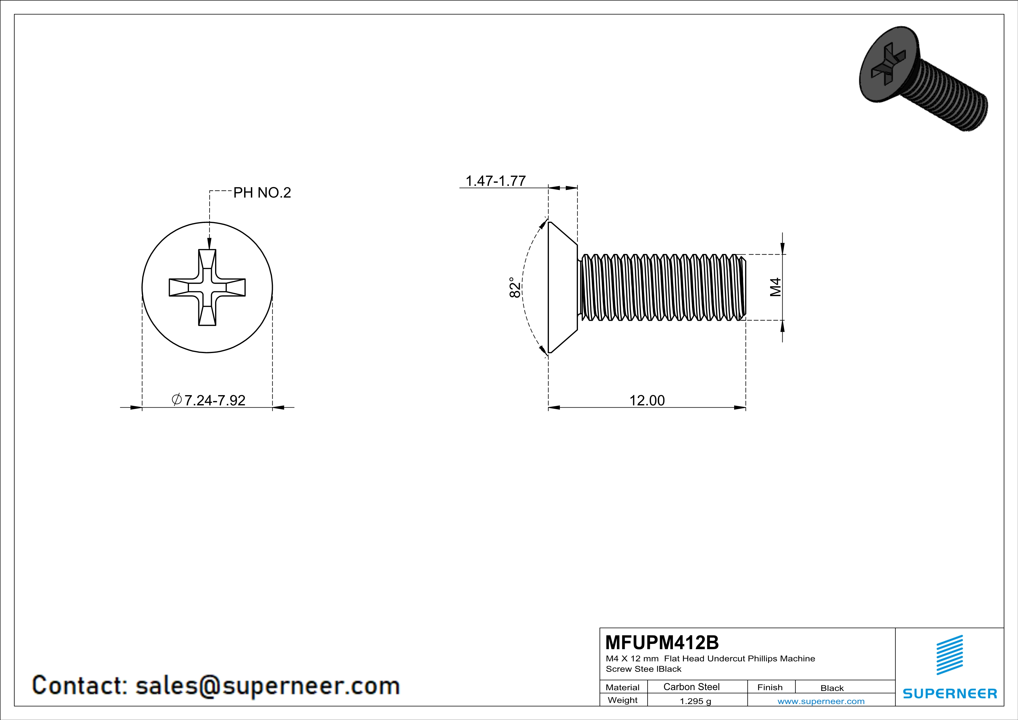 M4 x 12 mm Flat Head Undercut Phillips Machine Screw Steel Black