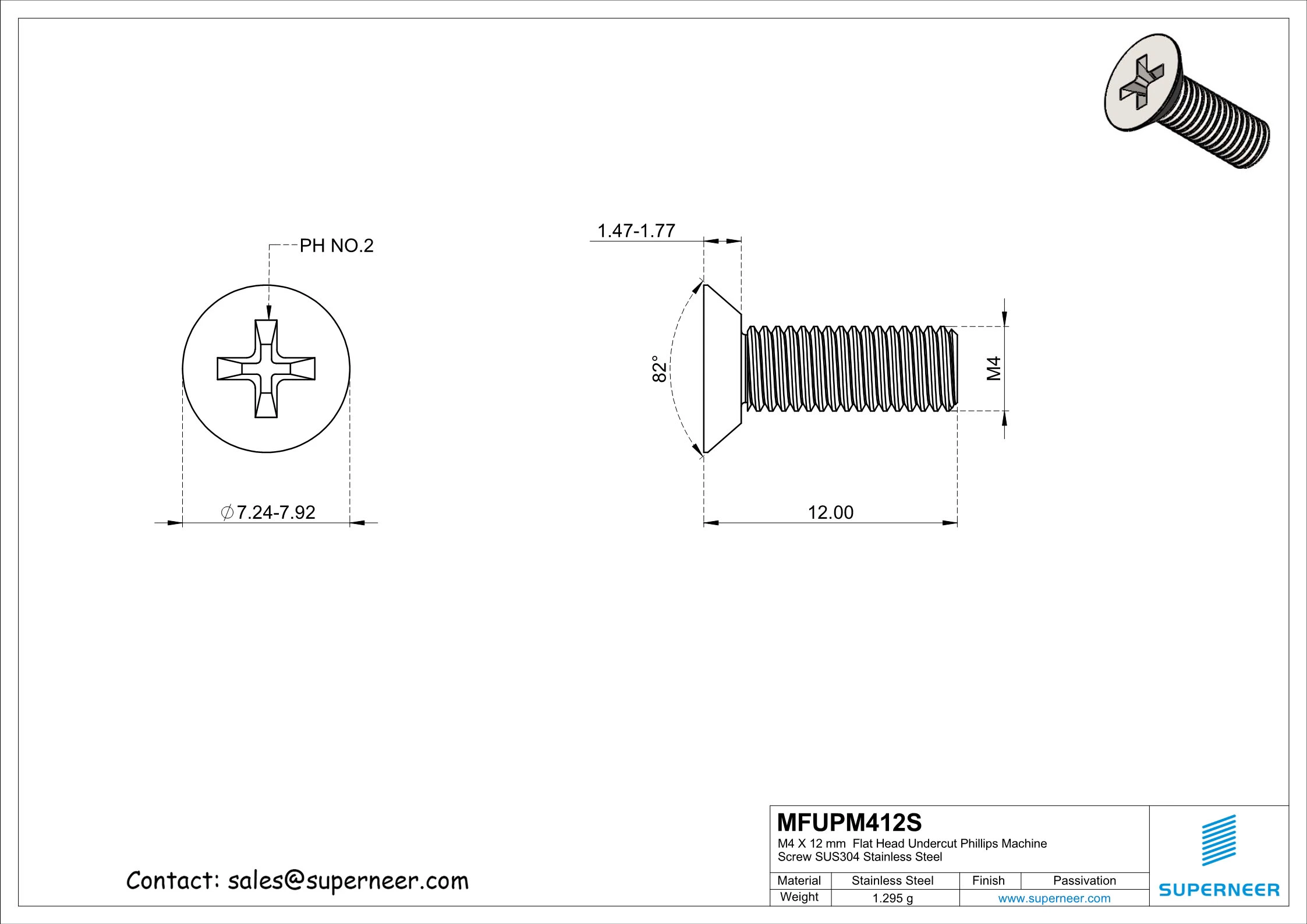 M4 x 12 mm  Flat Head Undercut Phillips Machine Screw SUS304 Stainless Steel Inox