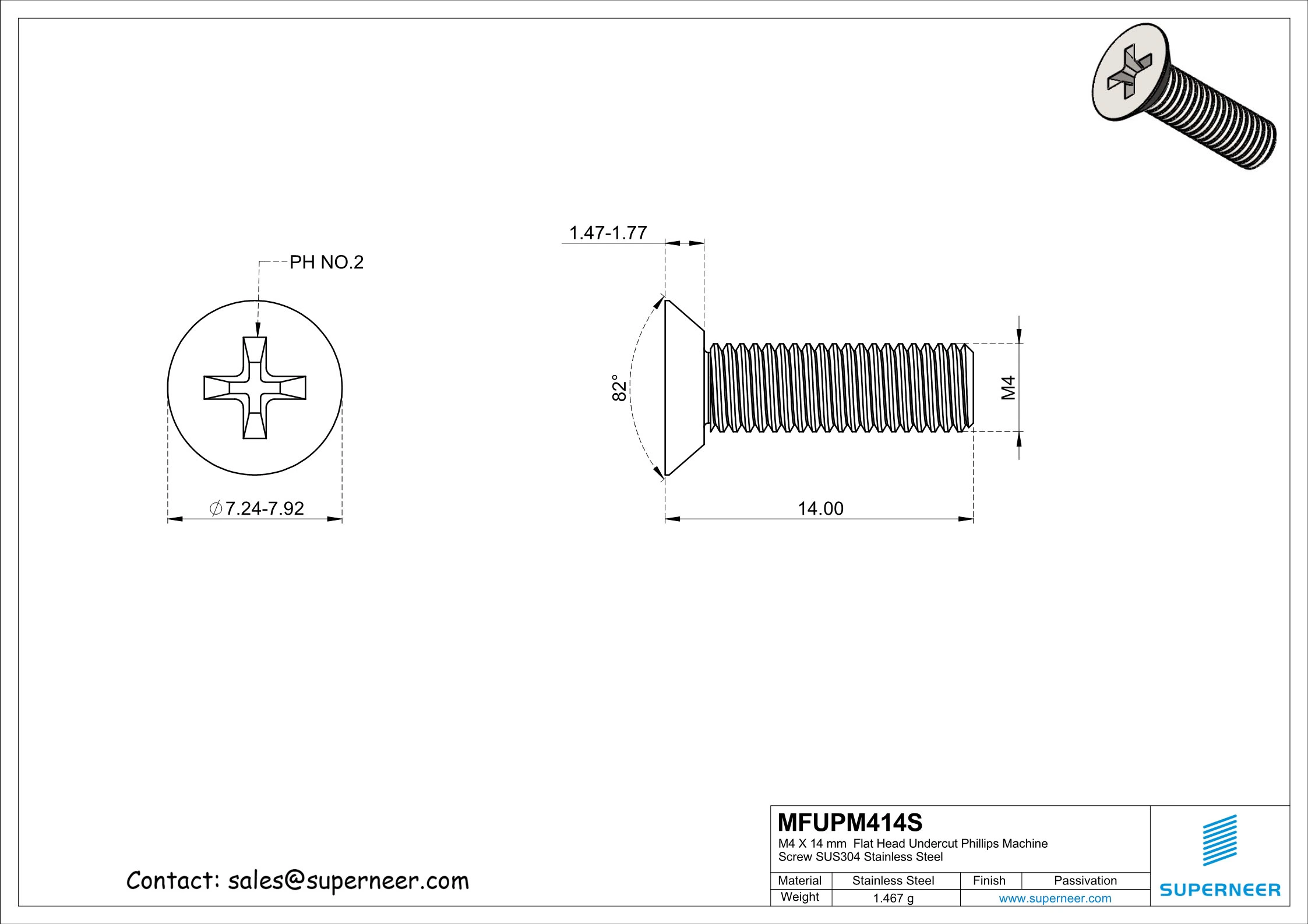 M4 x 14 mm  Flat Head Undercut Phillips Machine Screw SUS304 Stainless Steel Inox