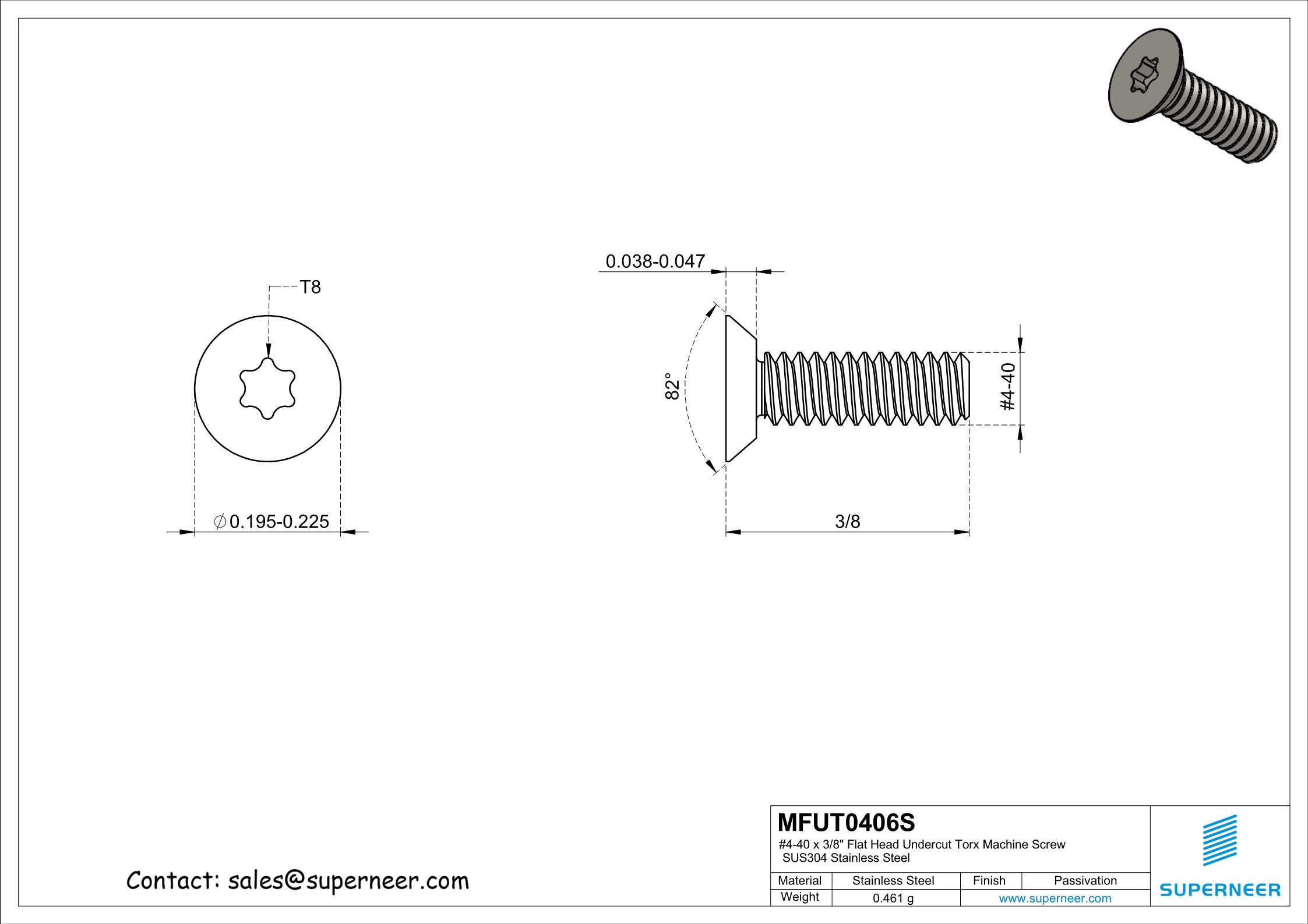 4-40 x 3/8" Flat Head Undercut Torx Machine Screw SUS304 Stainless Steel Inox