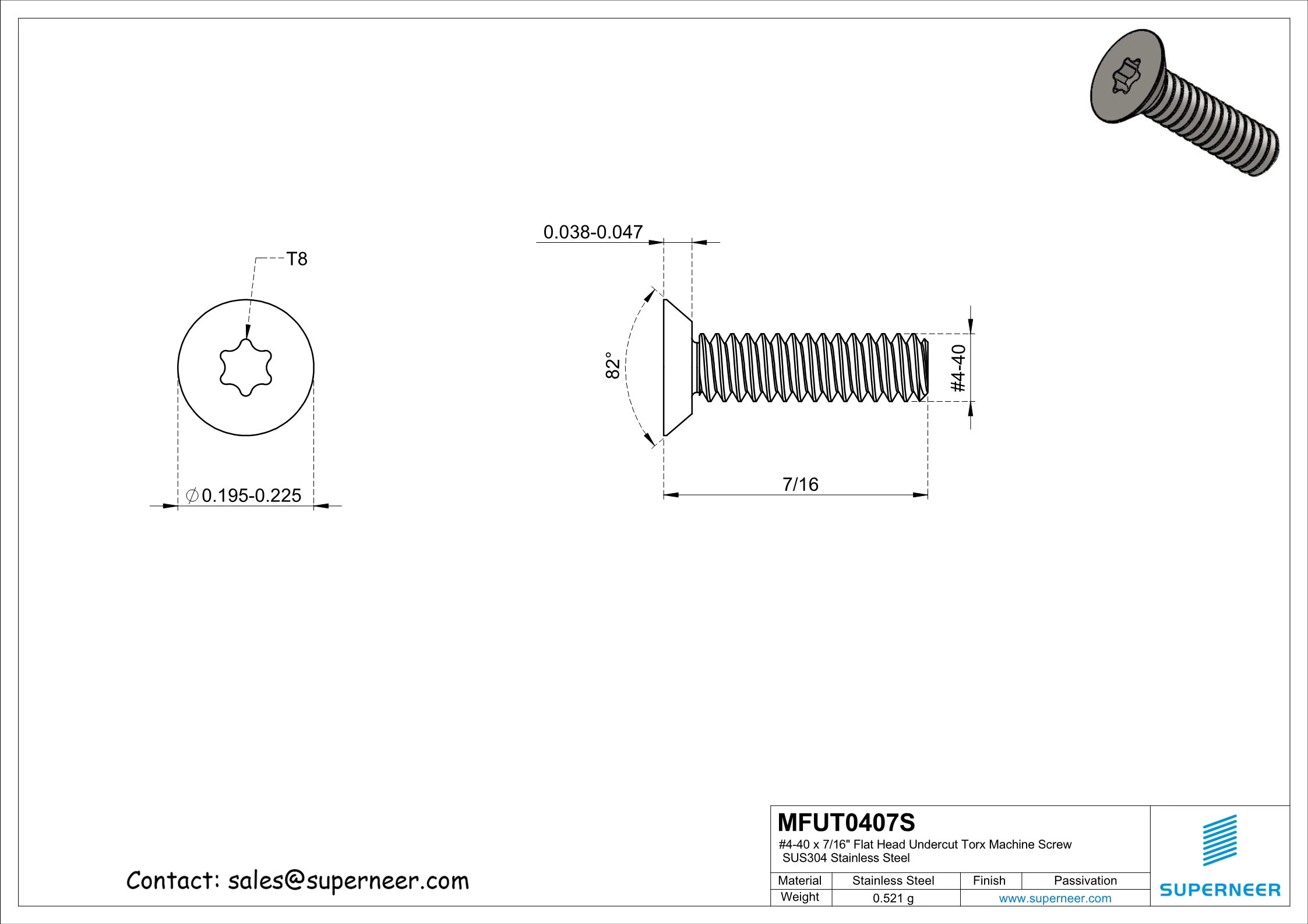 4-40 x 7/16"  Flat Head Undercut Torx Machine Screw SUS304 Stainless Steel Inox