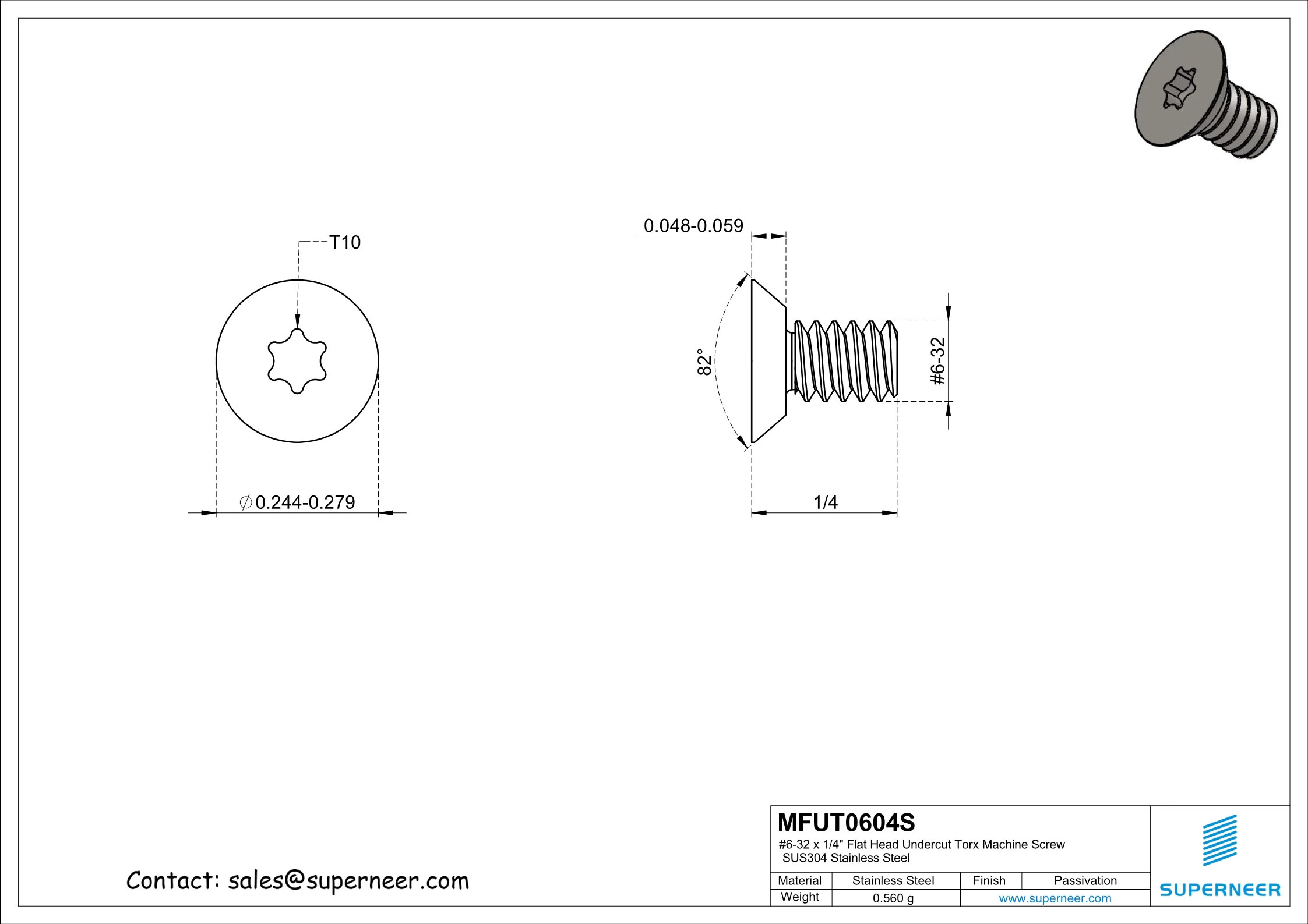 6-32 x 1/4" Flat Head Undercut Torx Machine Screw SUS304 Stainless Steel Inox