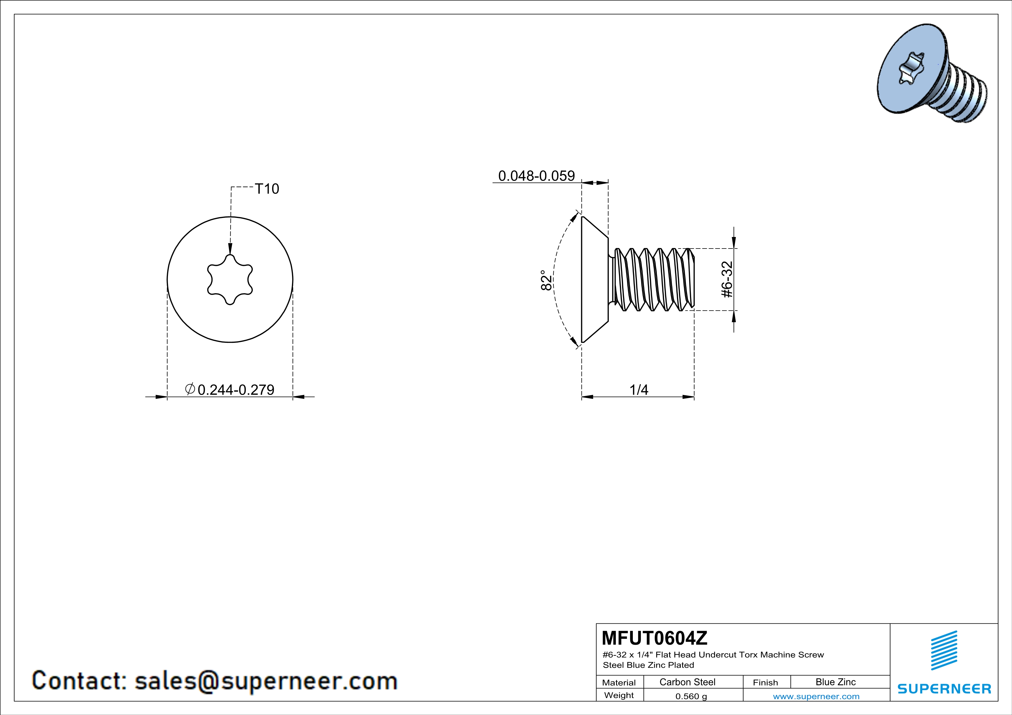 6-32 x 1/4" Flat Head Undercut Torx Machine Screw Steel Blue Zinc Plated