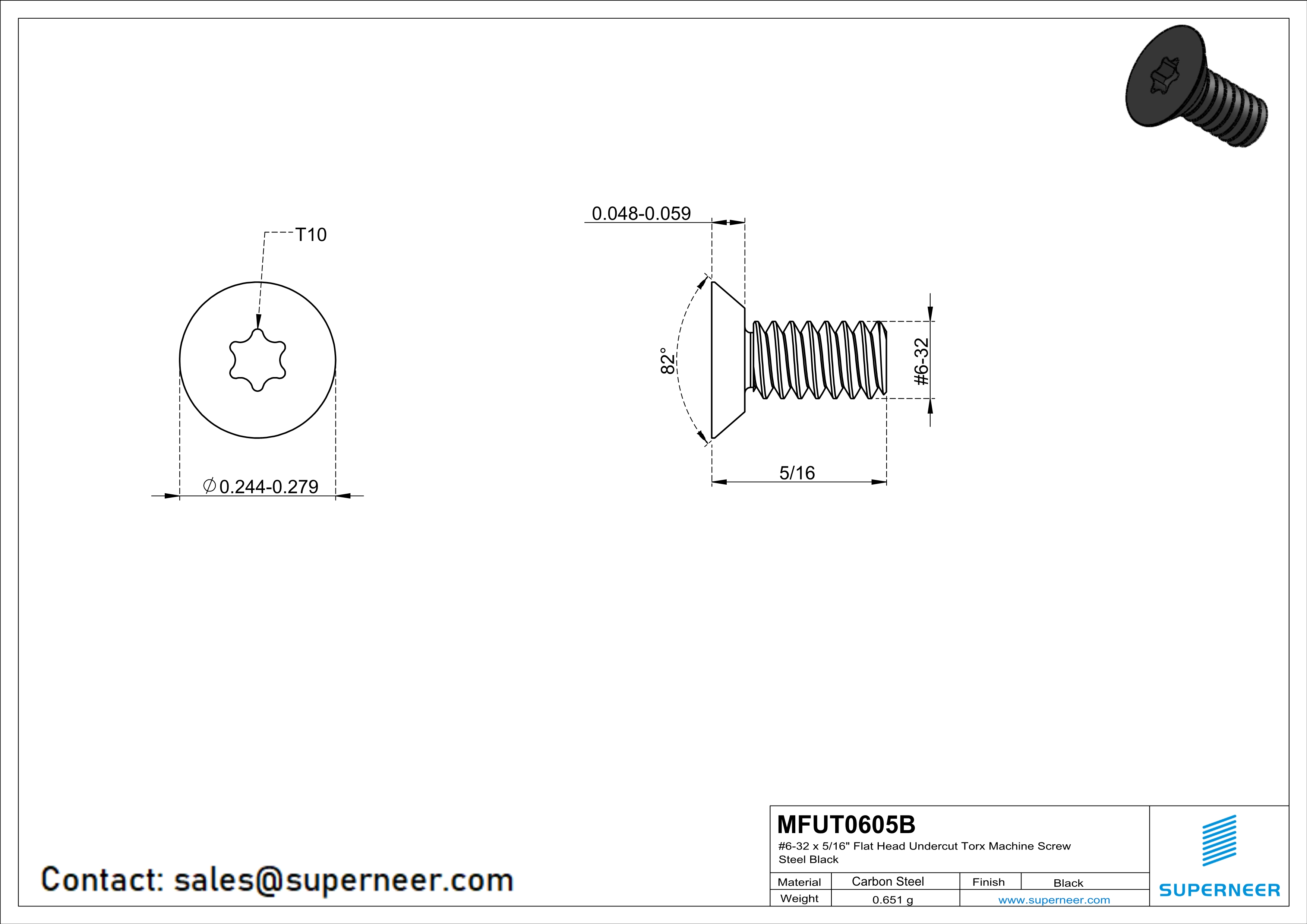 6-32 x 5/16" Flat Head Undercut Torx Machine Screw Steel Black