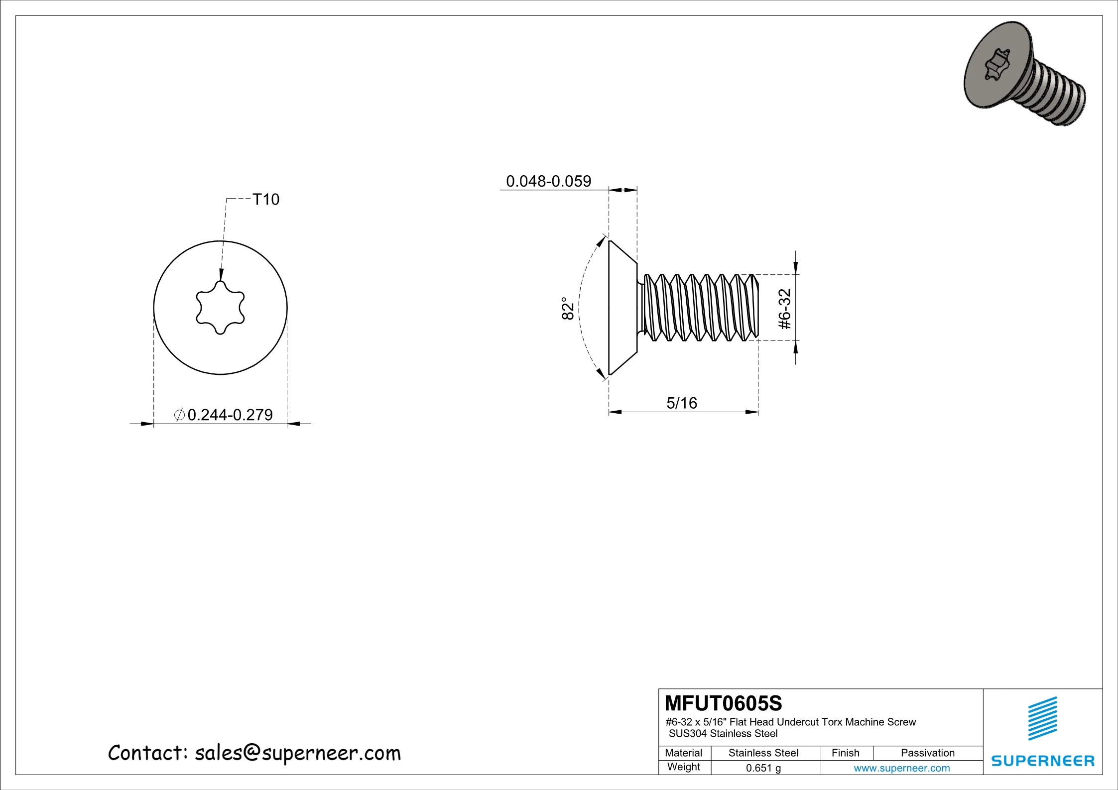 6-32 x 5/16" Flat Head Undercut Torx Machine Screw SUS304 Stainless Steel Inox