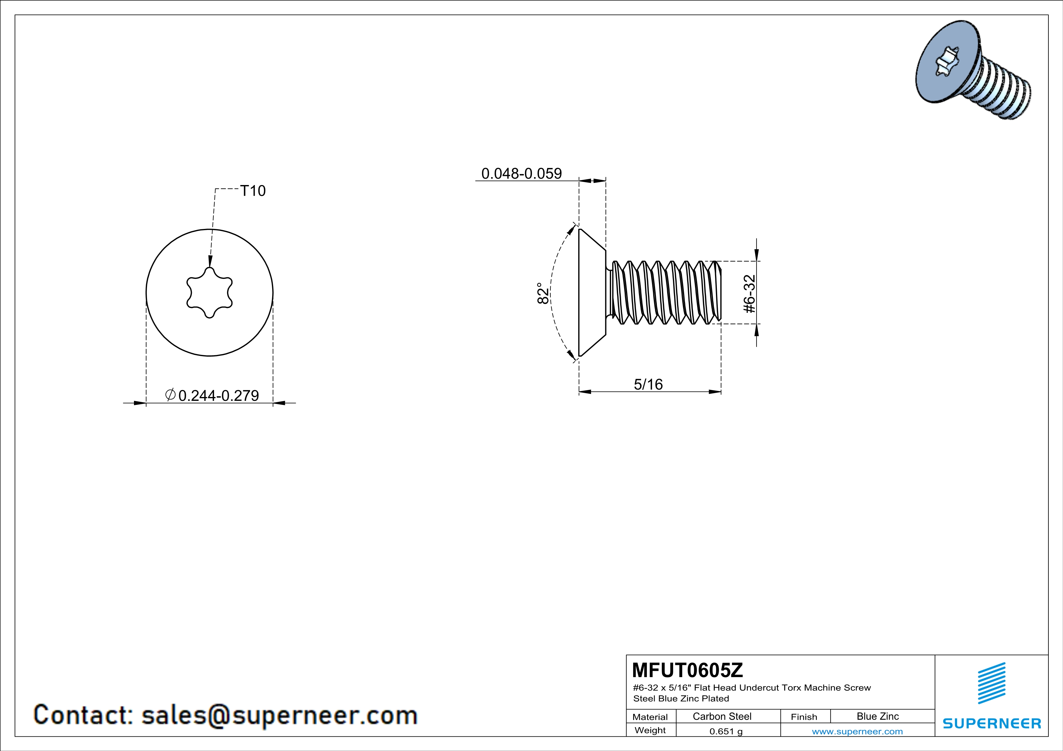 6-32 x 5/16" Flat Head Undercut Torx Machine Screw Steel Blue Zinc Plated