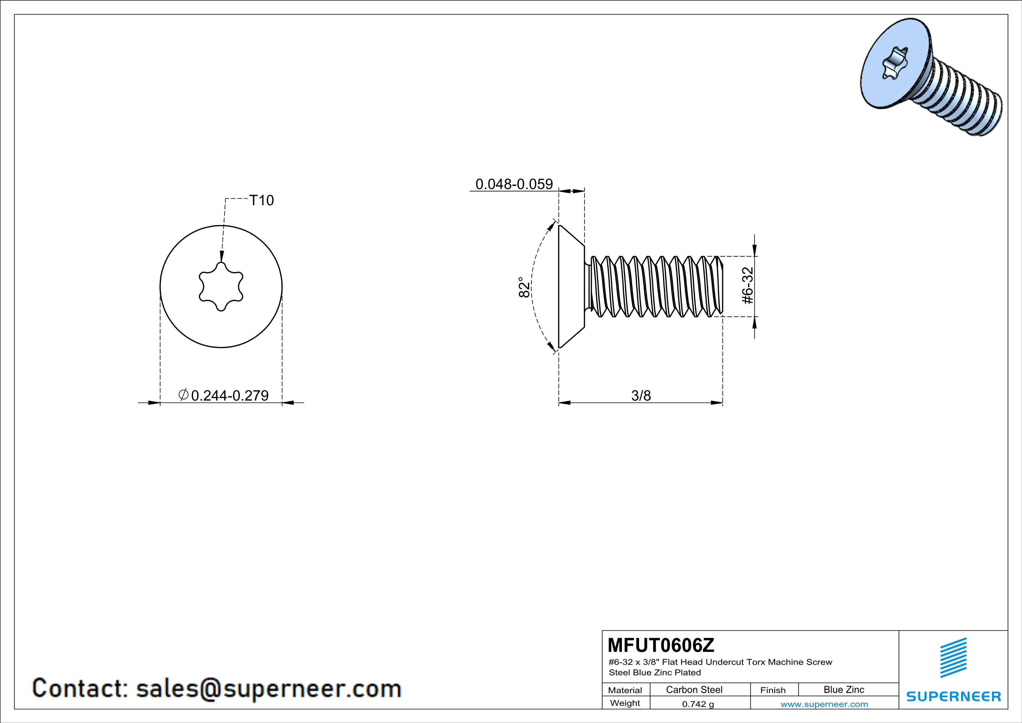 6-32 x 3/8" Flat Head Undercut Torx Machine Screw Steel Blue Zinc Plated