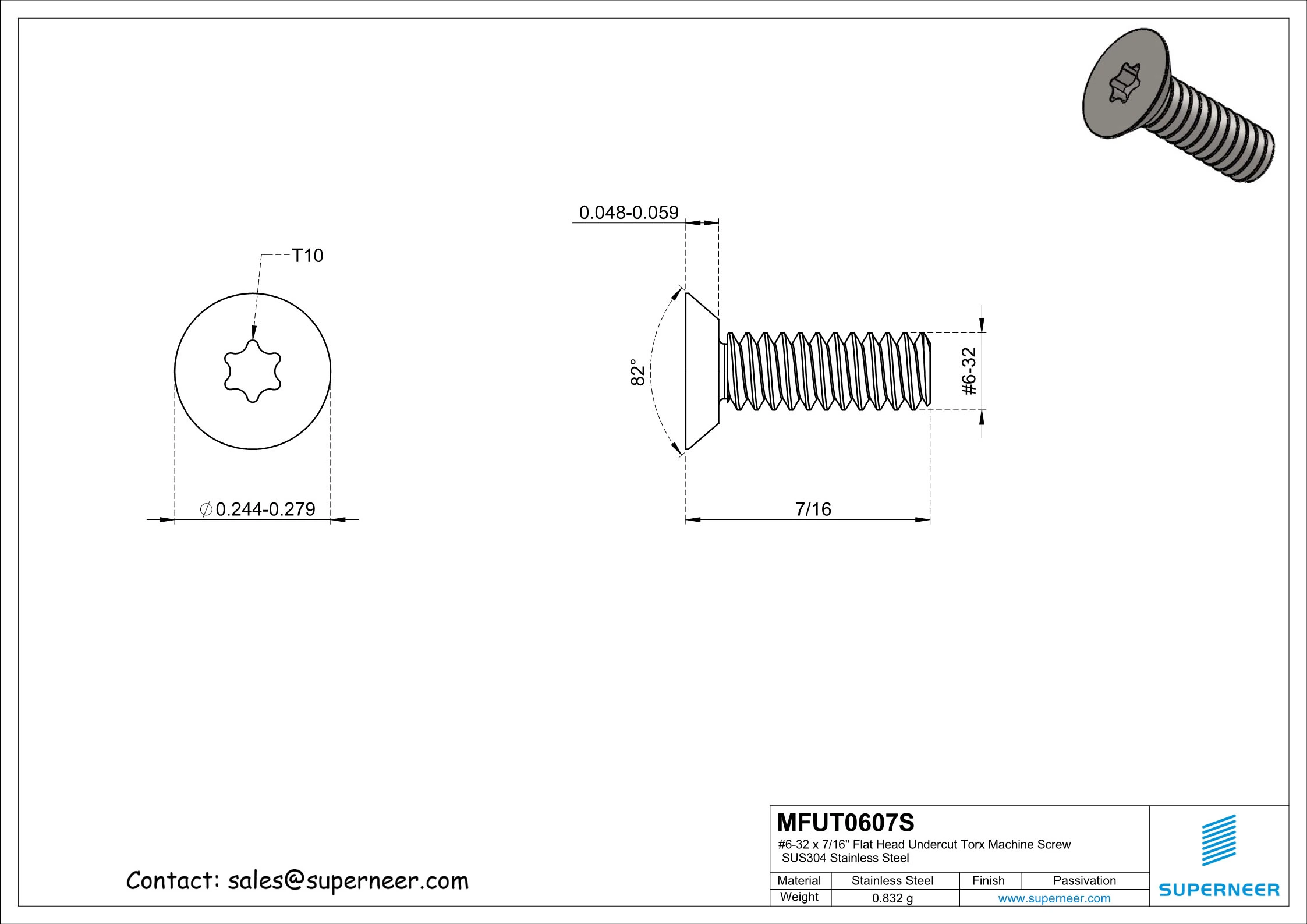 6-32 x 7/16" Flat Head Undercut Torx Machine Screw SUS304 Stainless Steel Inox