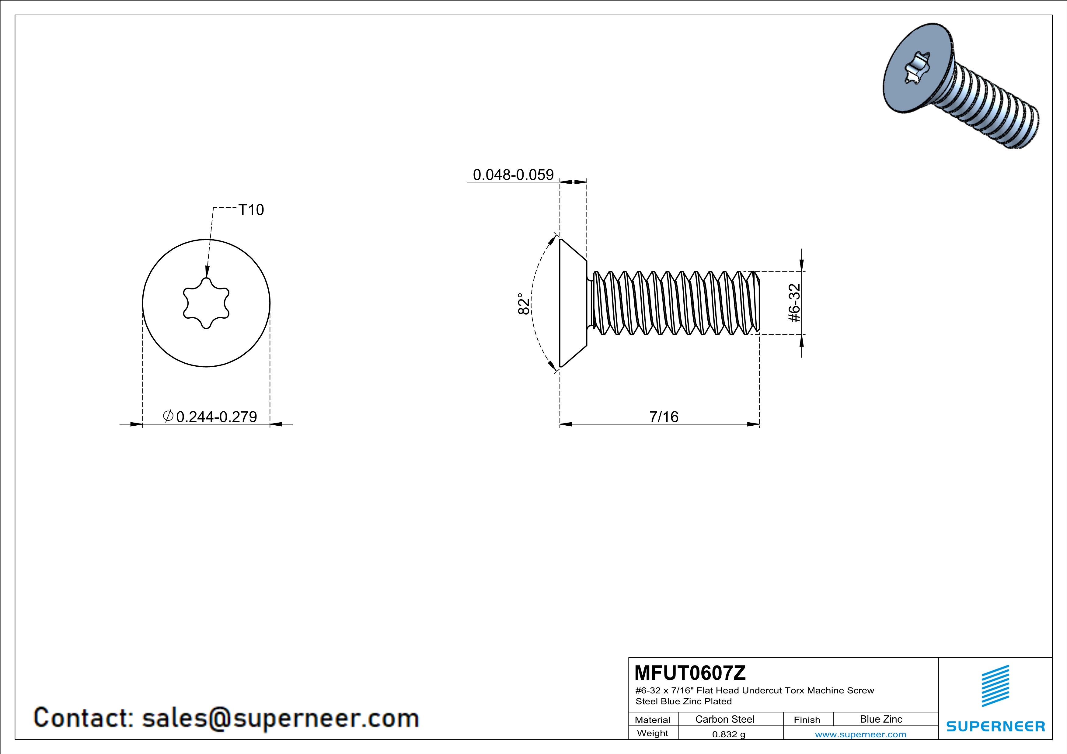 6-32 x 7/16" Flat Head Undercut Torx Machine Screw Steel Blue Zinc Plated