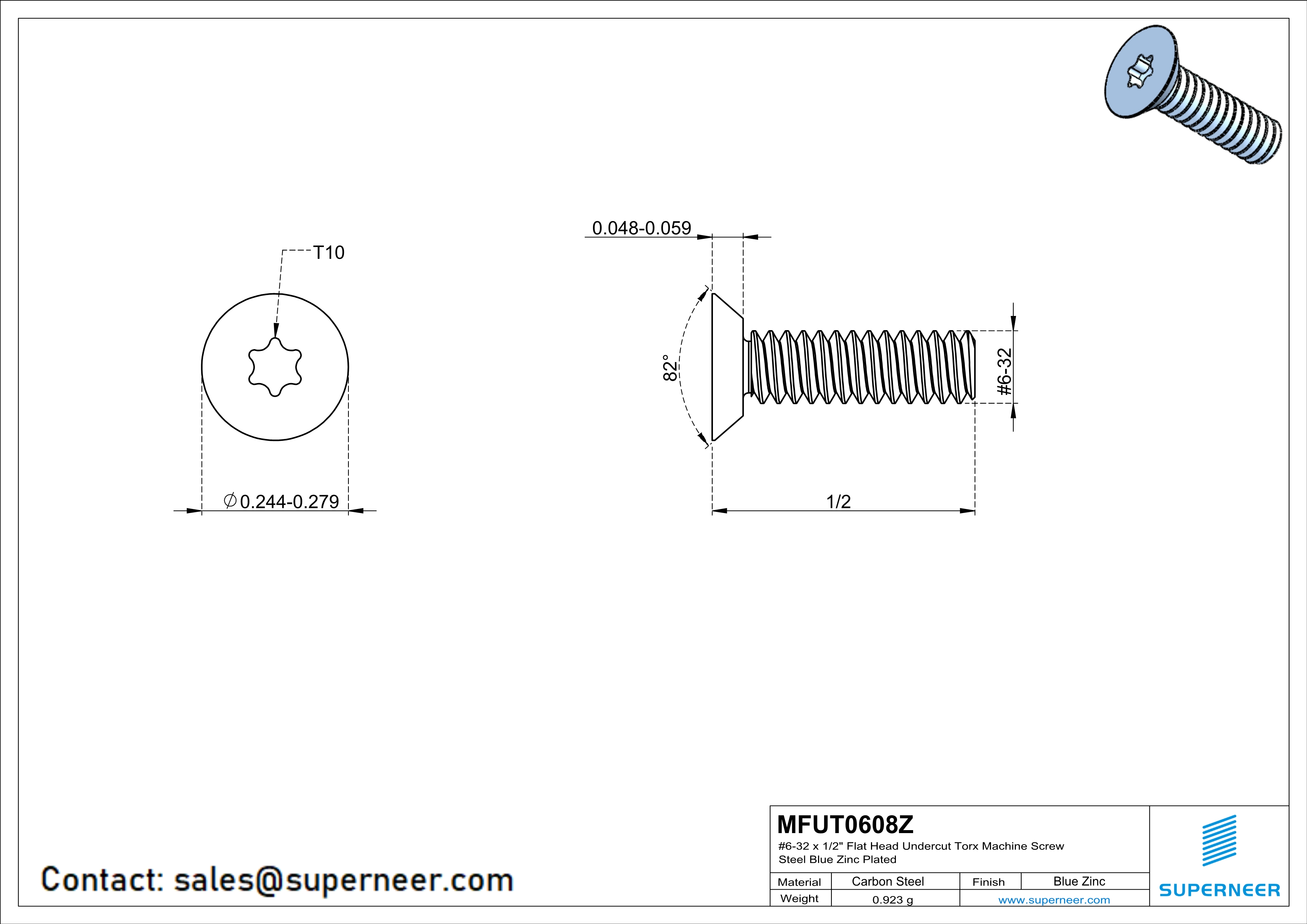 6-32 x 1/2" Flat Head Undercut Torx Machine Screw Steel Blue Zinc Plated