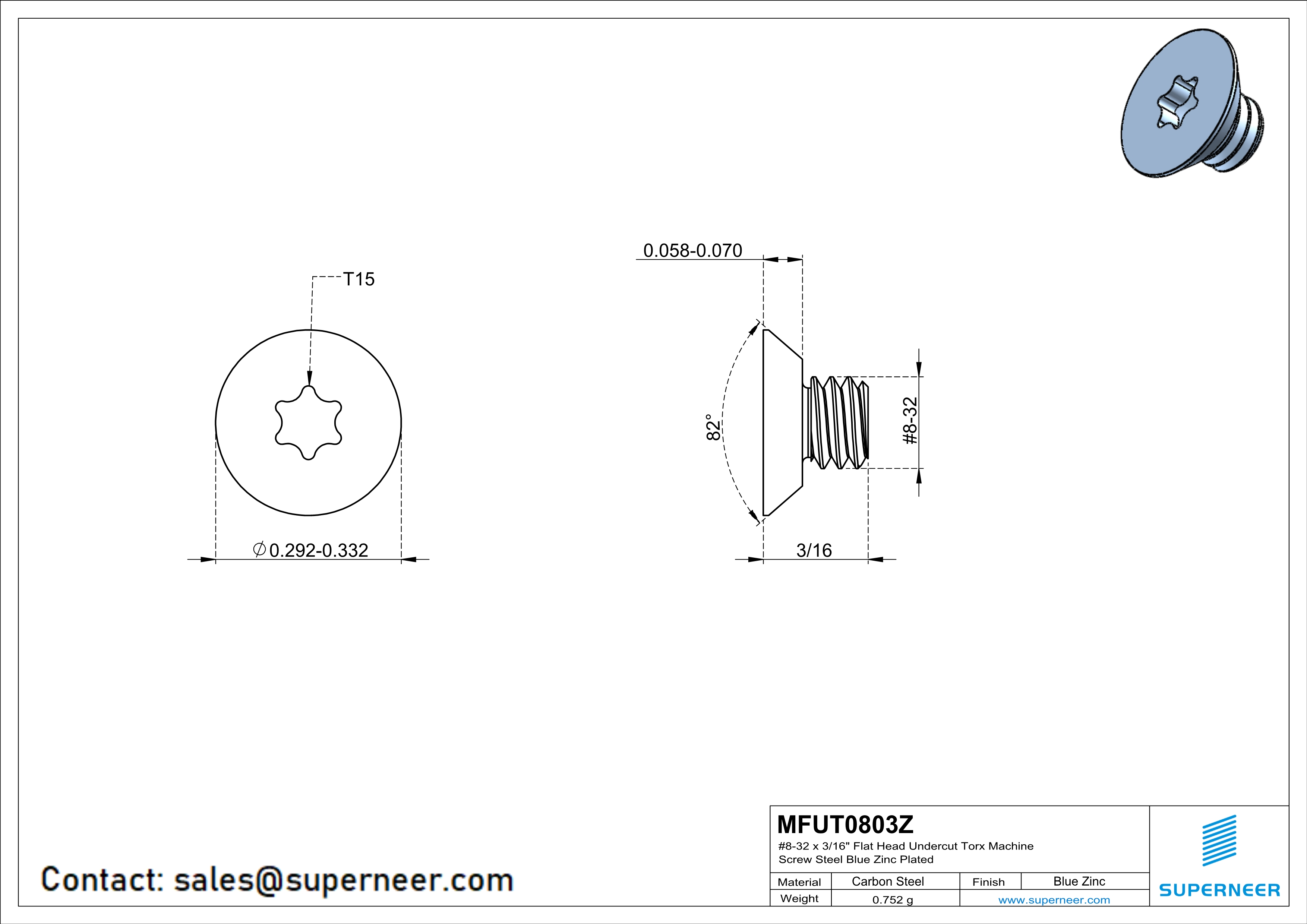 8-32 x 3/16" Flat Head Undercut Torx Machine Screw Steel Blue Zinc Plated