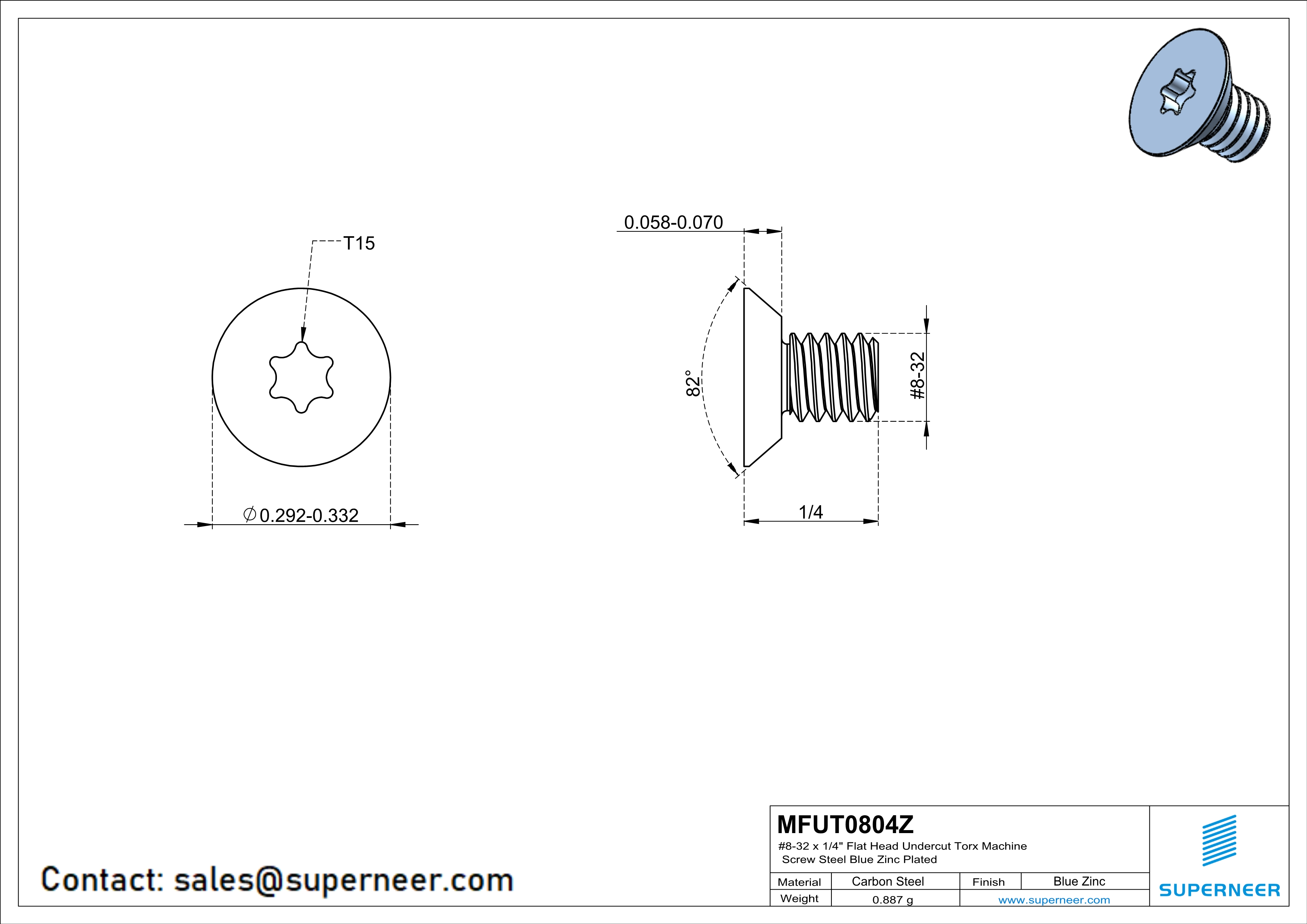 8-32 x 1/4" Flat Head Undercut Torx Machine Screw Steel Blue Zinc Plated