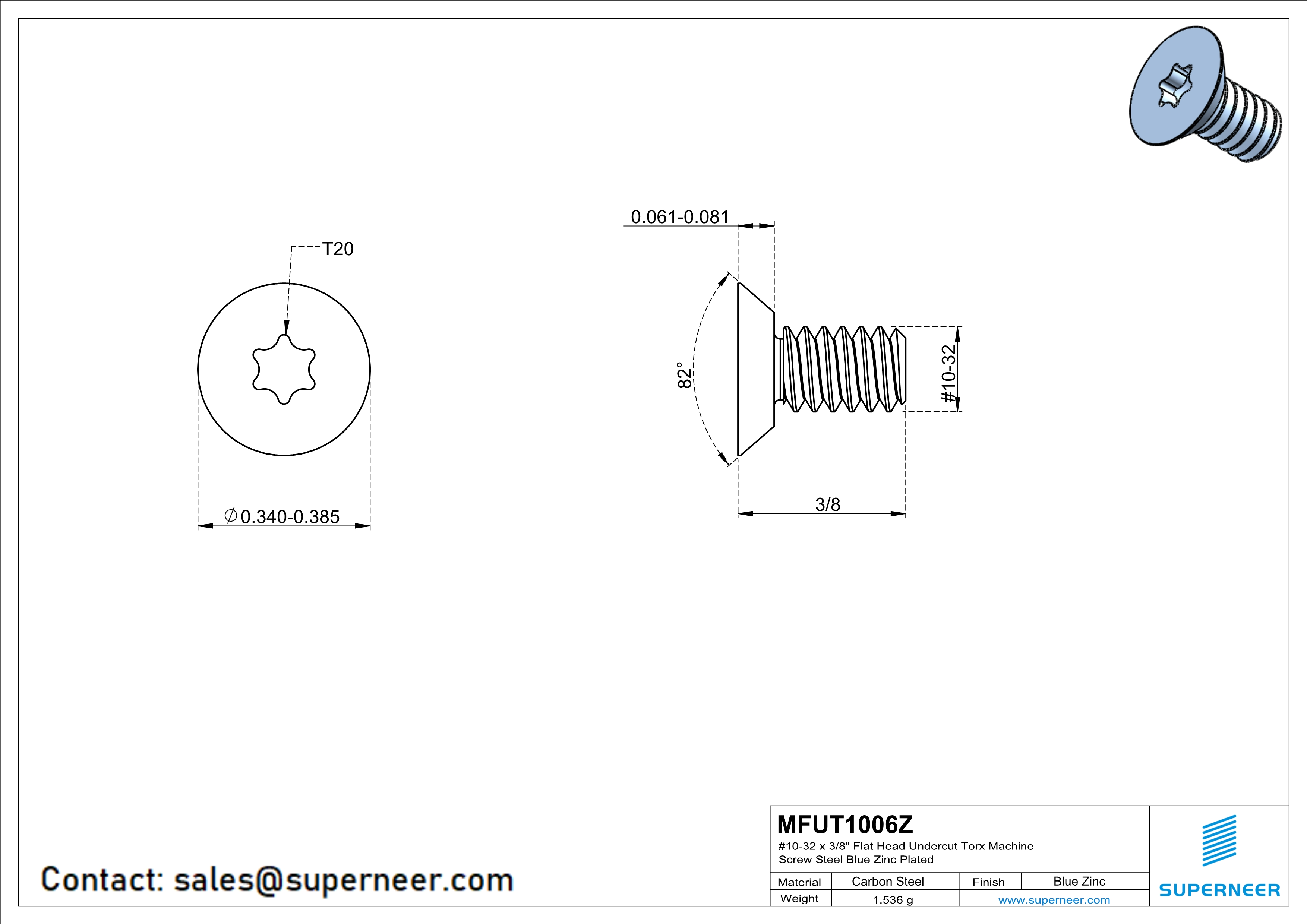 10-32 x 3/8" Flat Head Undercut Torx Machine Screw Steel Blue Zinc Plated