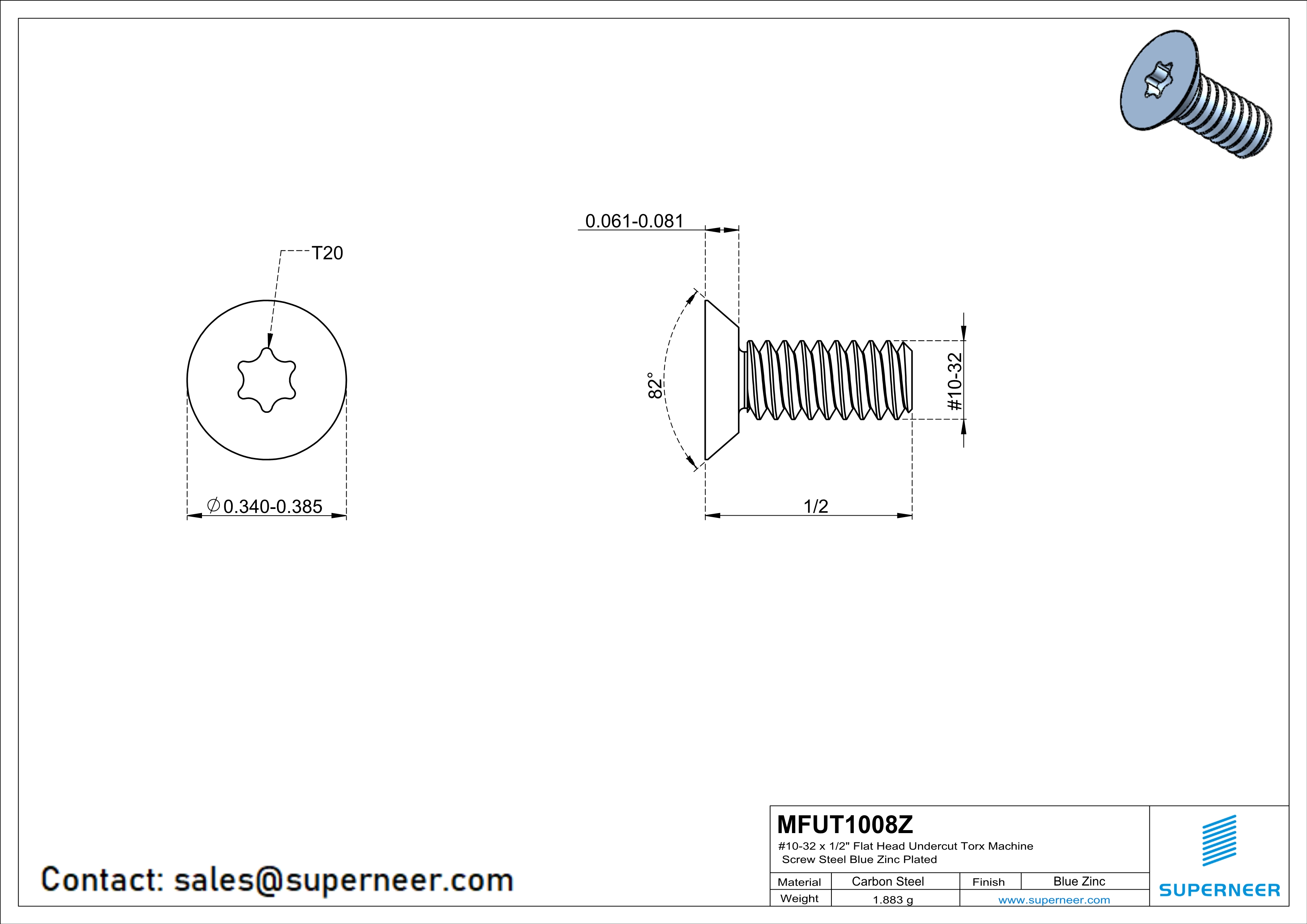 10-32 x 1/2" Flat Head Undercut Torx Machine Screw Steel Blue Zinc Plated