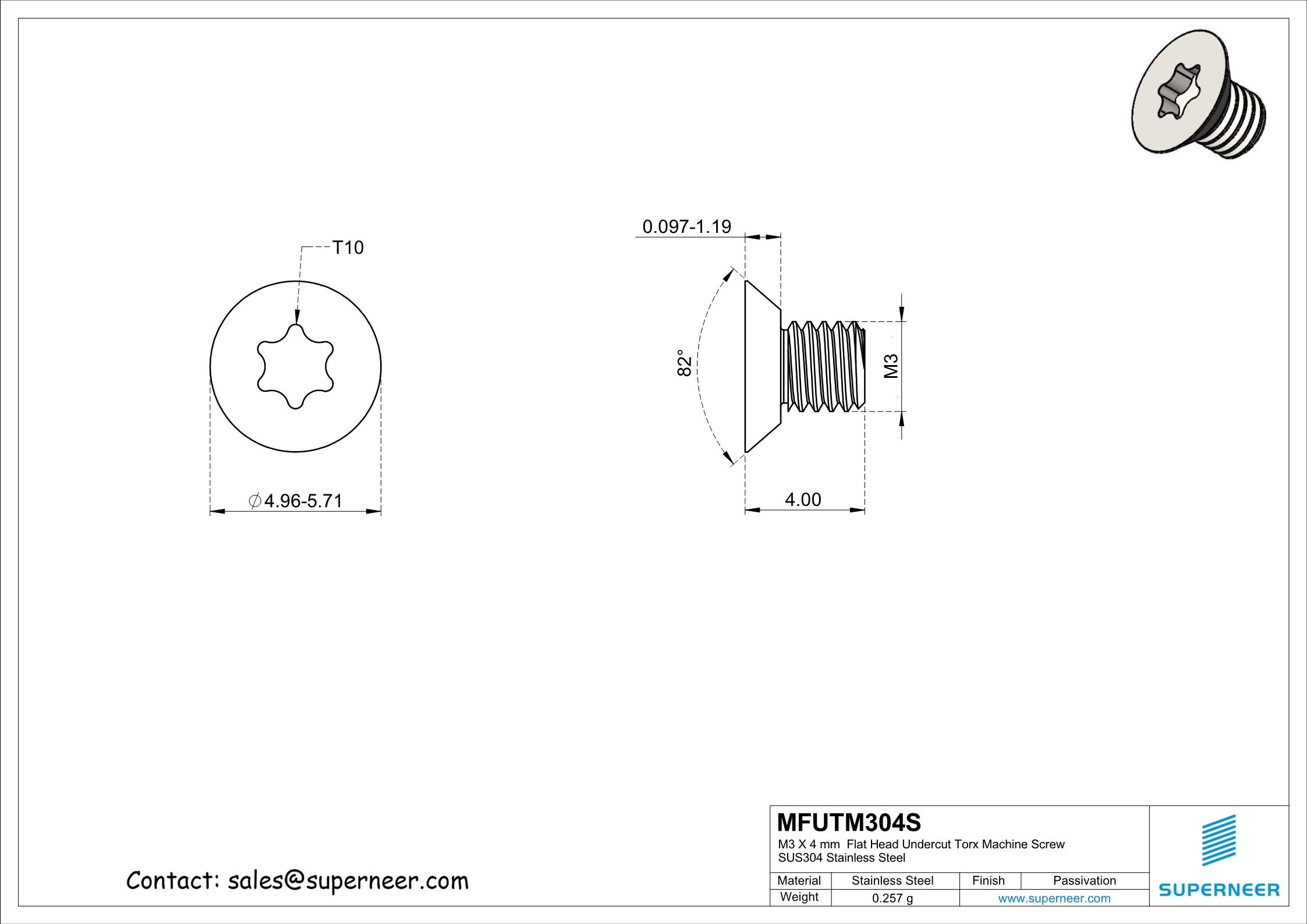 M3 x 4 mm  Flat Head Undercut Torx Machine Screw SUS304 Stainless Steel Inox