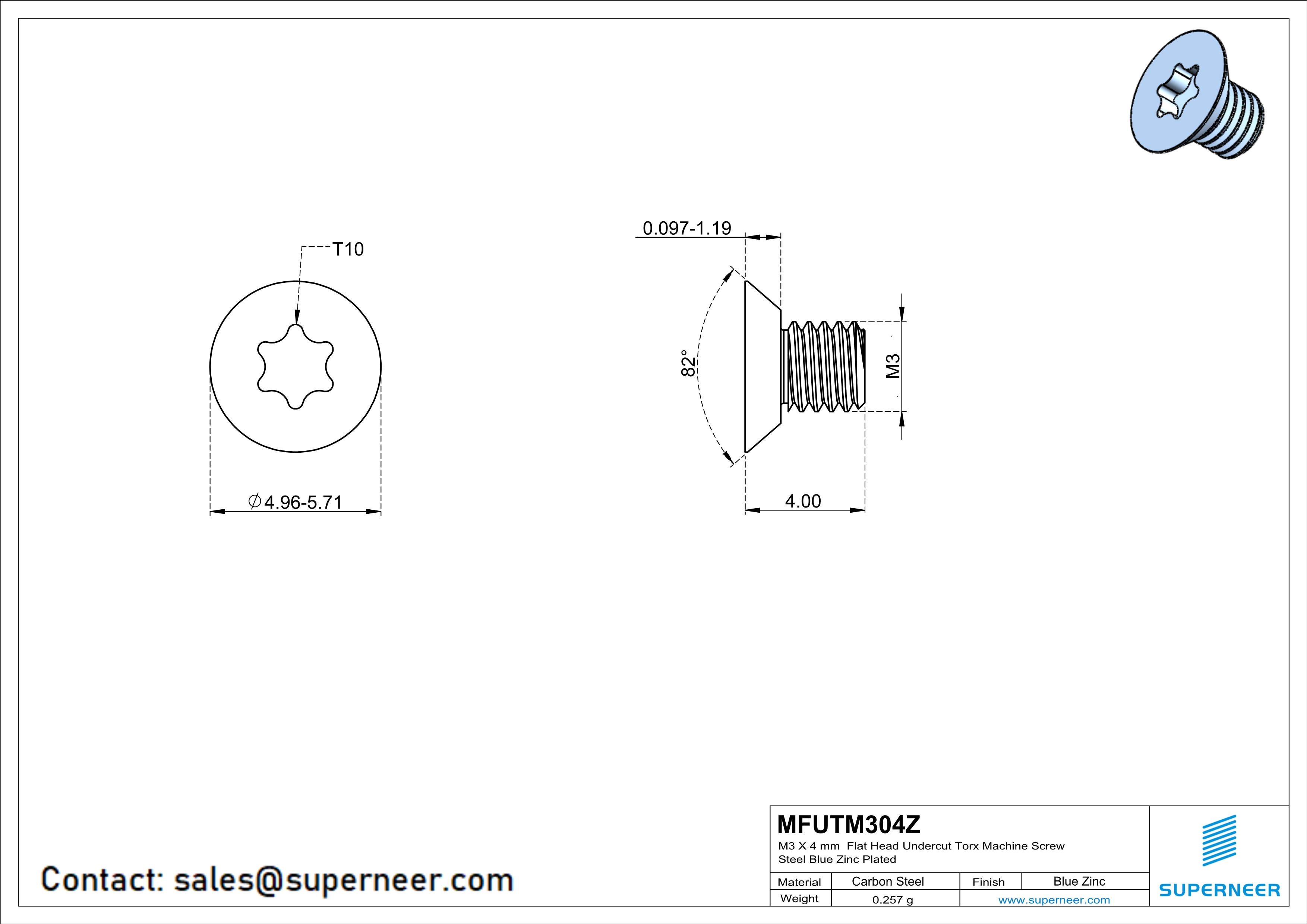 M3 x 4 mm Flat Head Undercut Torx Machine Screw Steel Blue Zinc Plated