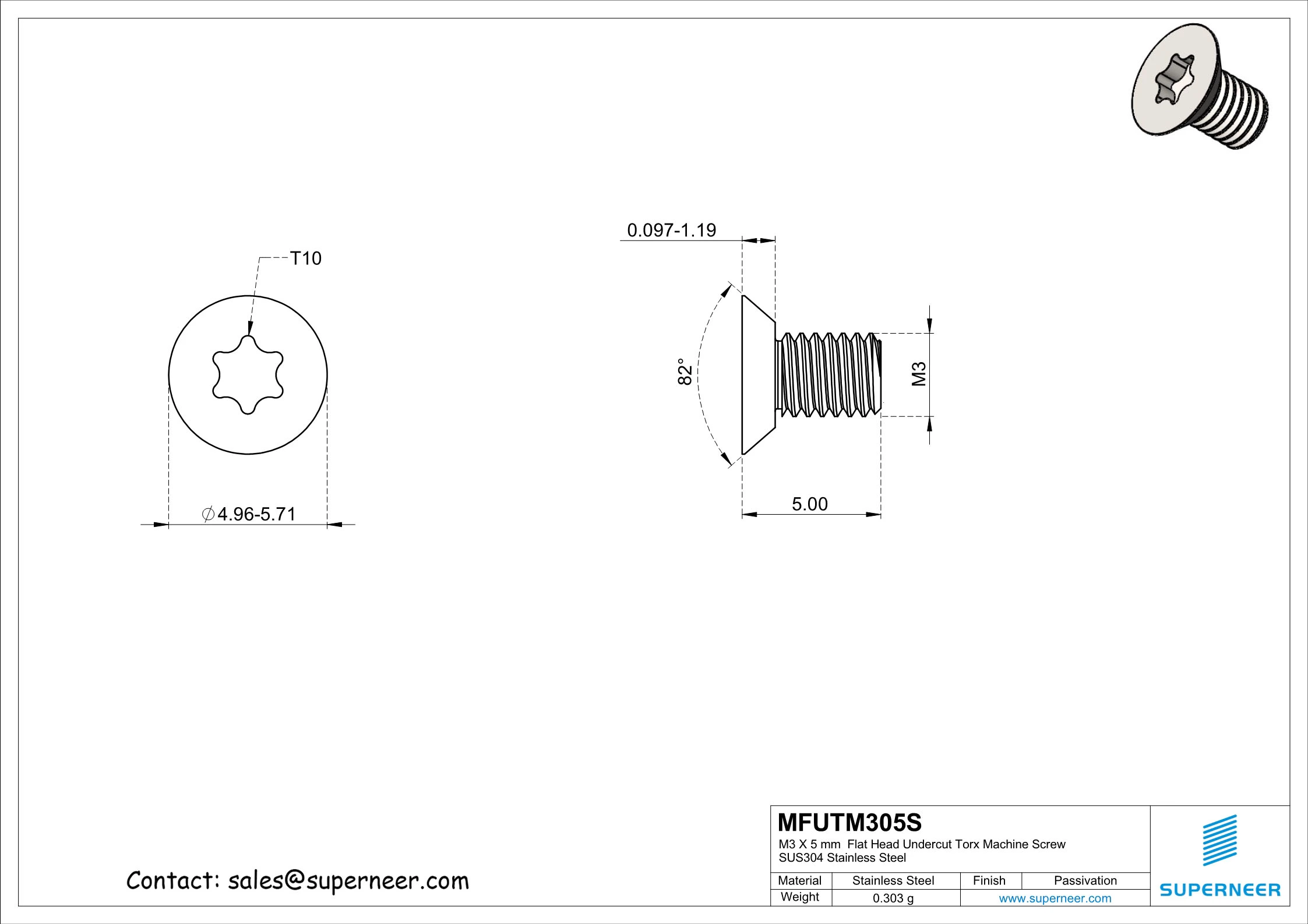 M3 x 5 mm  Flat Head Undercut Torx Machine Screw SUS304 Stainless Steel Inox