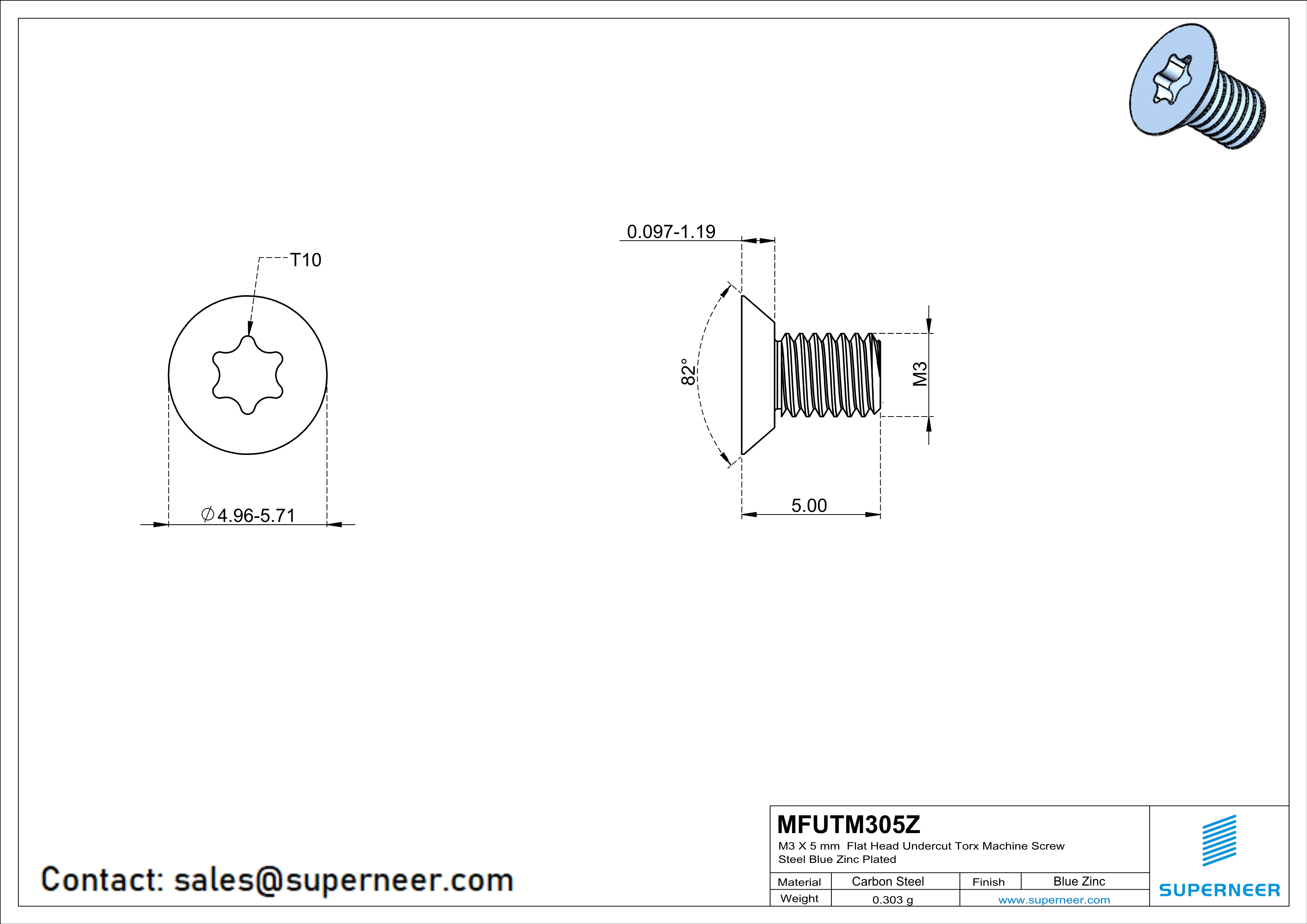 M3 x 5 mm Flat Head Undercut Torx Machine Screw Steel Blue Zinc Plated