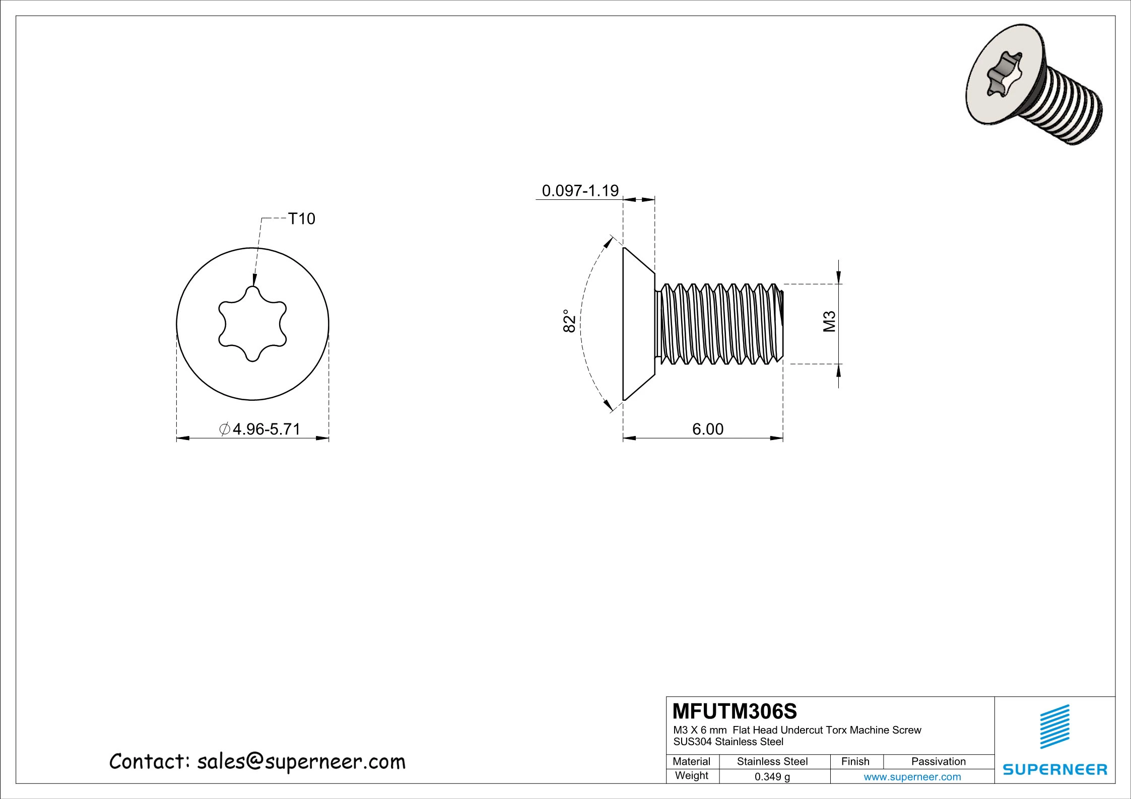 M3 x 6 mm  Flat Head Undercut Torx Machine Screw SUS304 Stainless Steel Inox