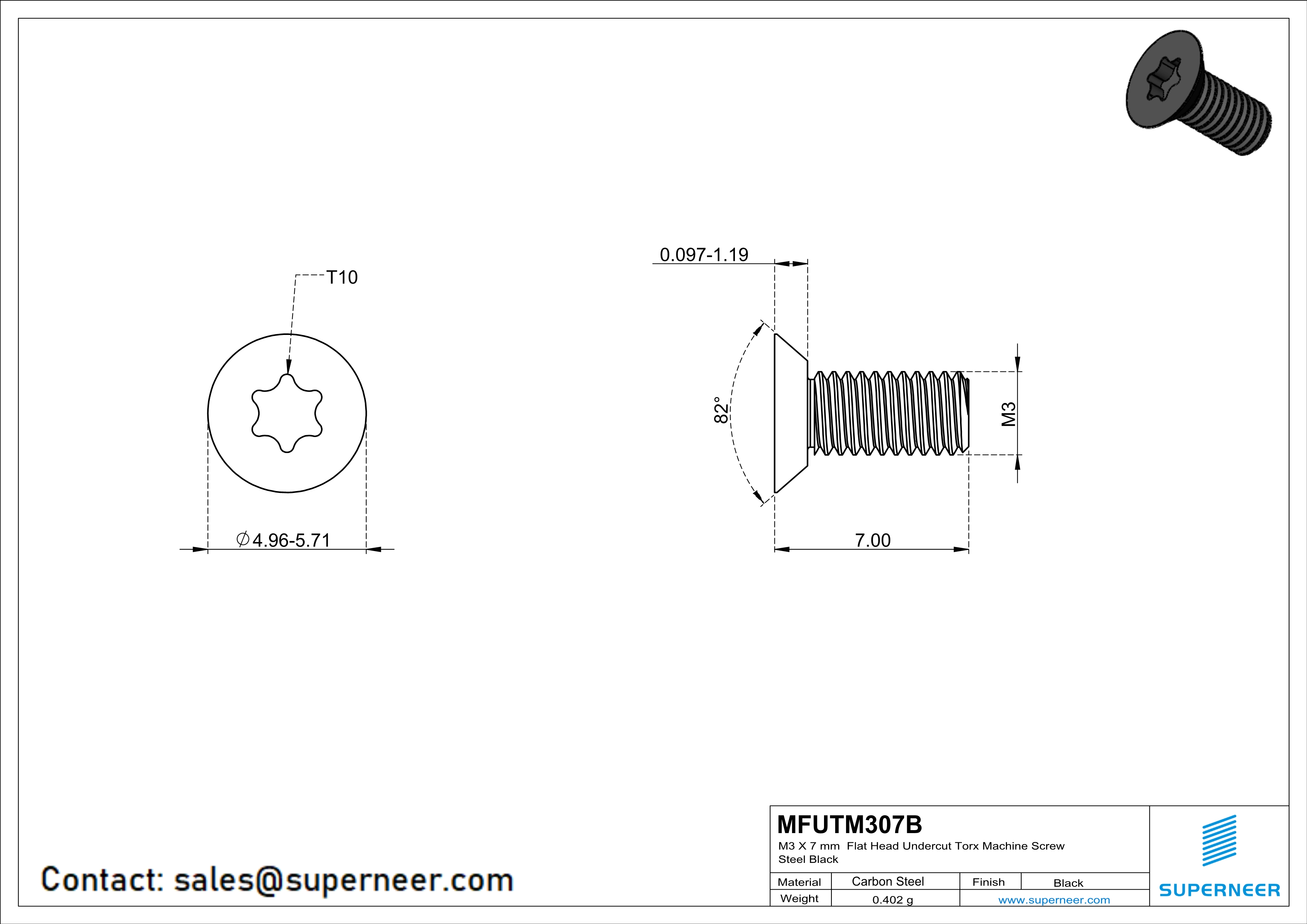 M3 x 7 mm Flat Head Undercut Torx Machine Screw Steel Black