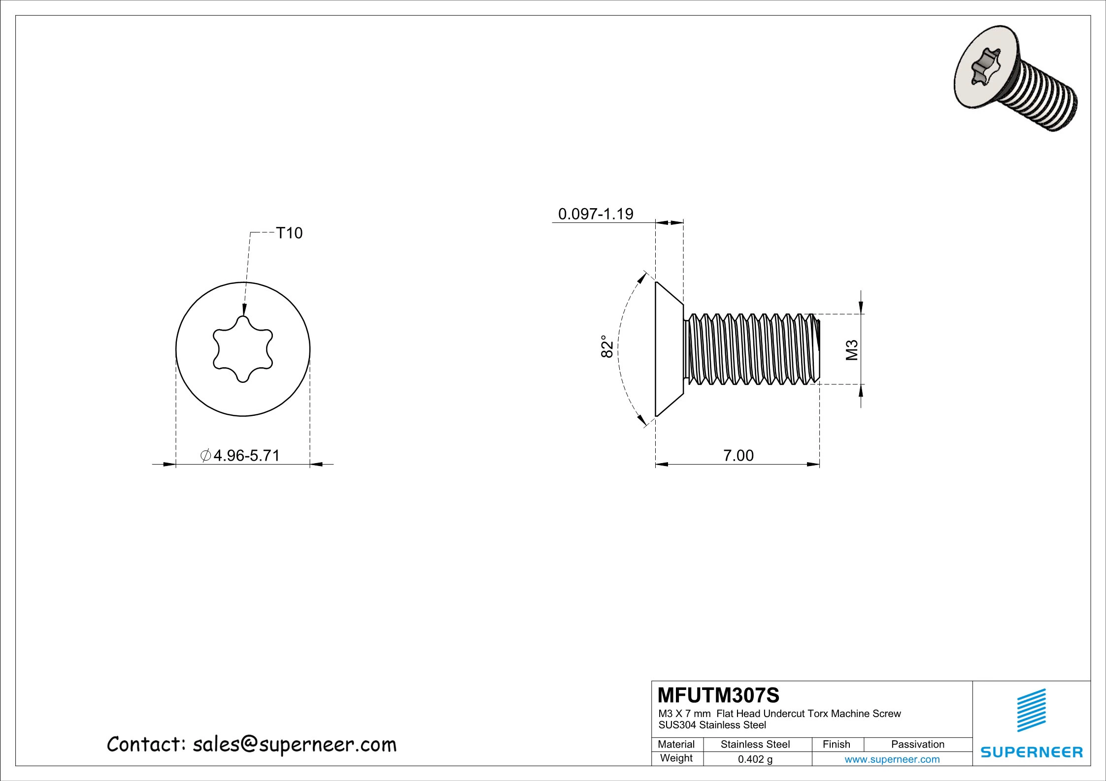 M3 x 7 mm  Flat Head Undercut Torx Machine Screw SUS304 Stainless Steel Inox