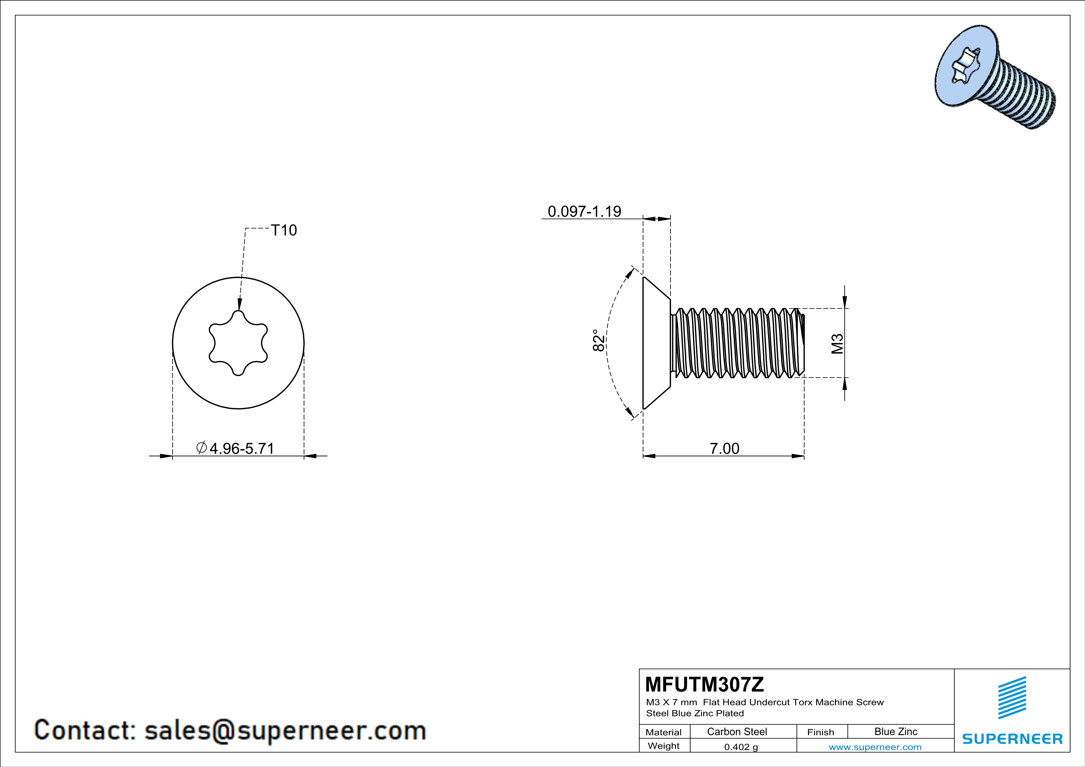 M3 x 7 mm Flat Head Undercut Torx Machine Screw Steel Blue Zinc Plated