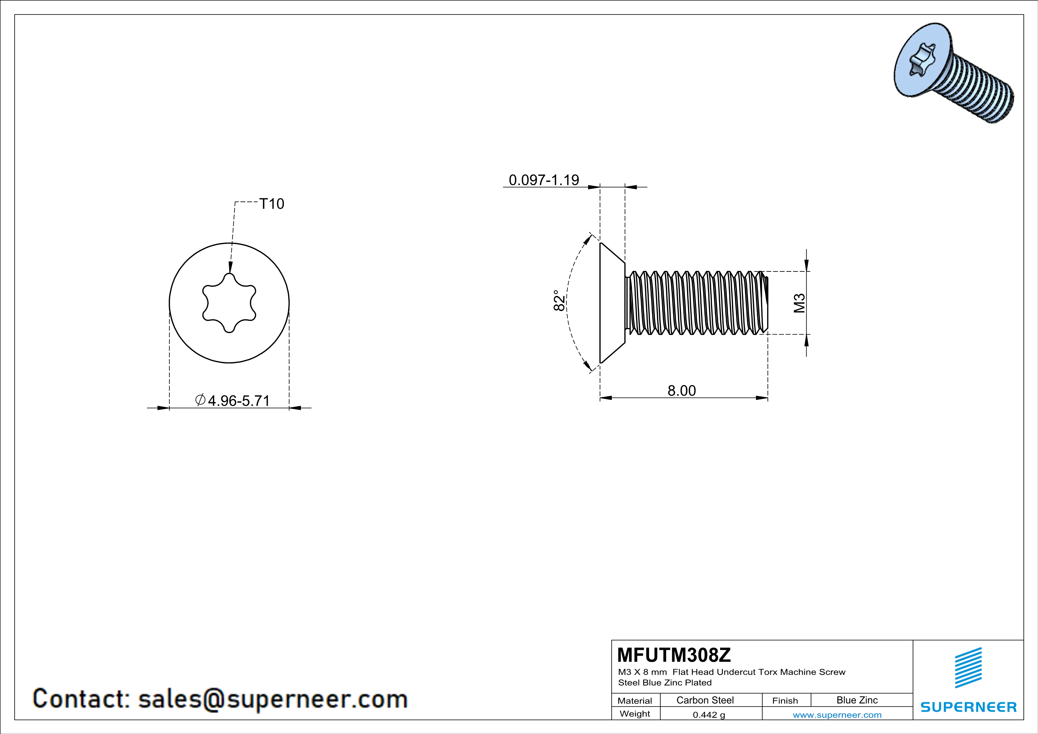 M3 x 8 mm Flat Head Undercut Torx Machine Screw Steel Blue Zinc Plated