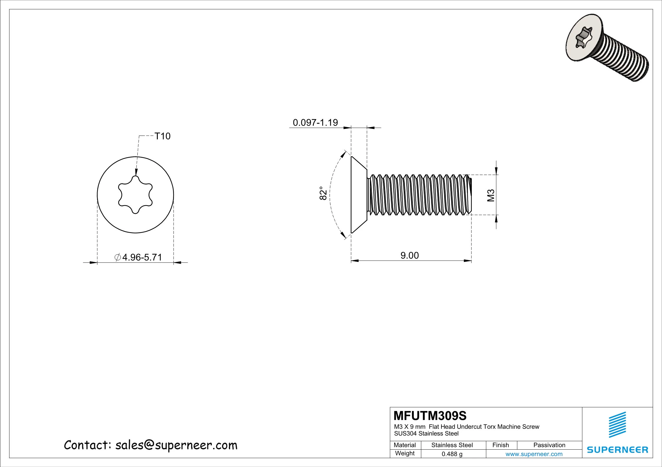 M3 x 9 mm  Flat Head Undercut Torx Machine Screw SUS304 Stainless Steel Inox