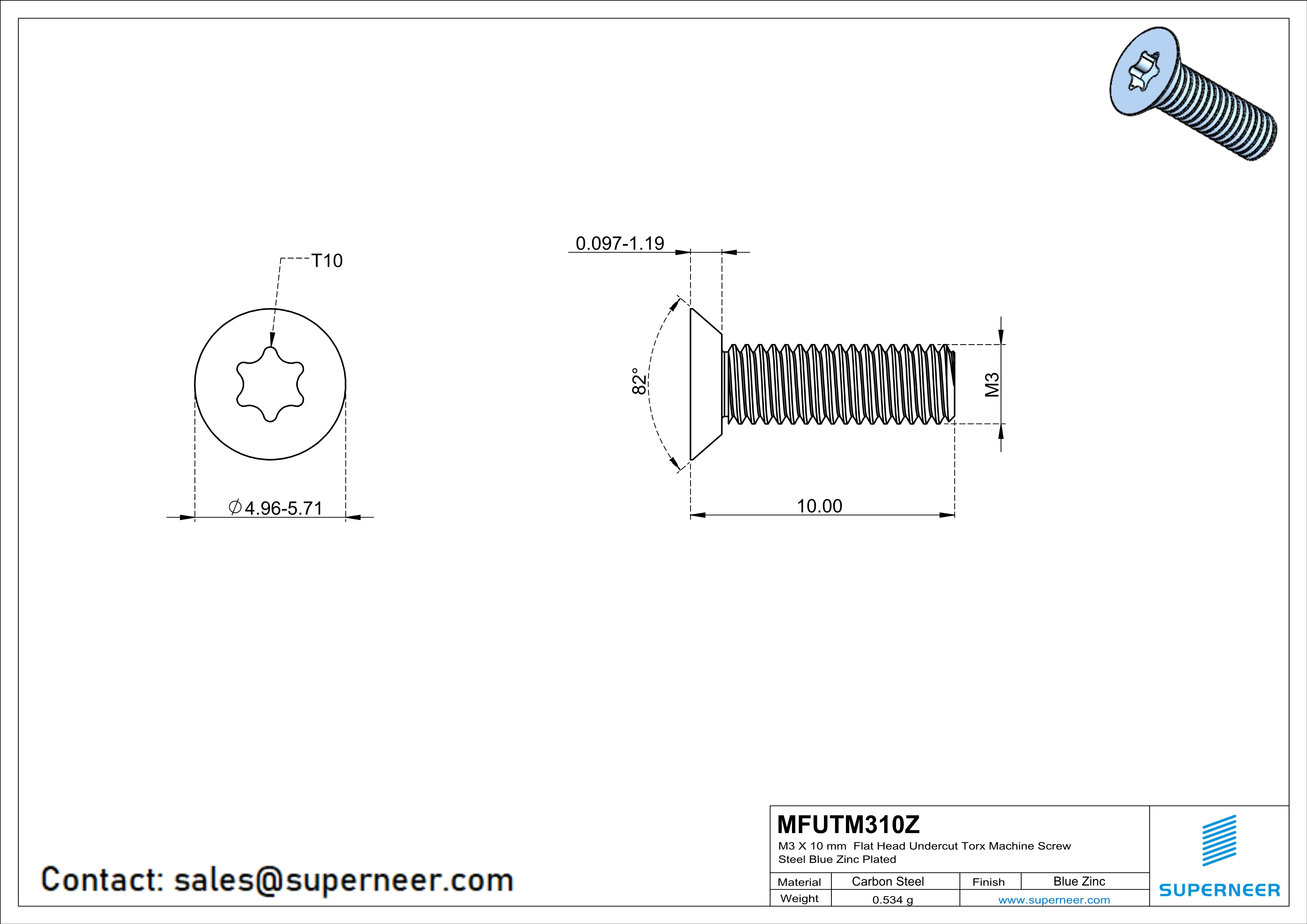 M3 x 10 mm Flat Head Undercut Torx Machine Screw Steel Blue Zinc Plated