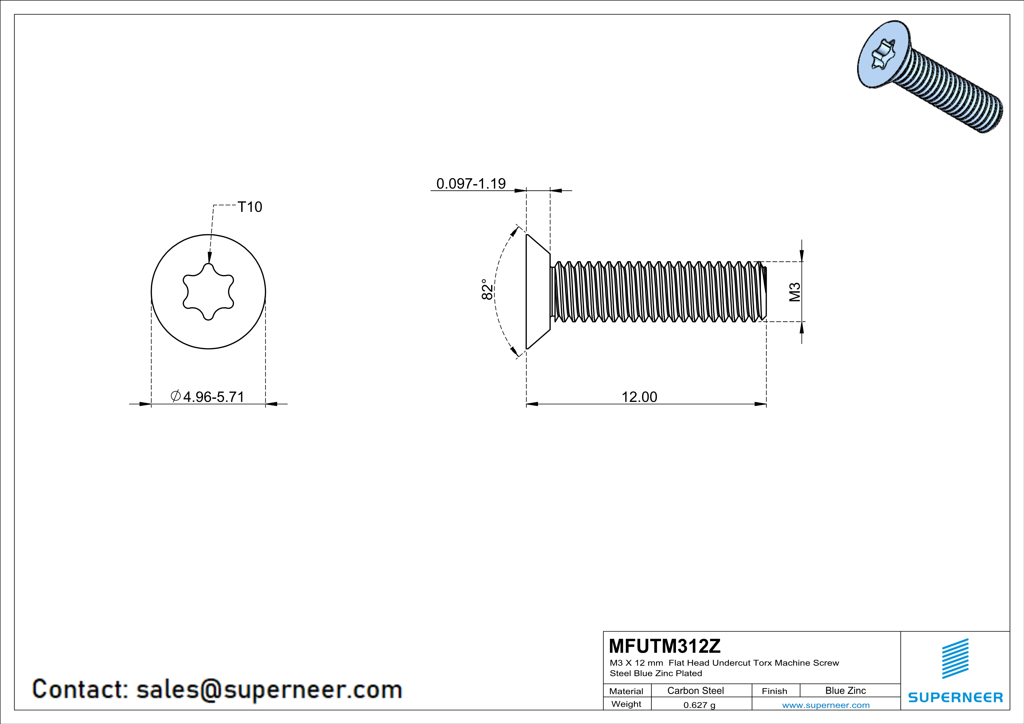 M3 x 12 mm Flat Head Undercut Torx Machine Screw Steel Blue Zinc Plated