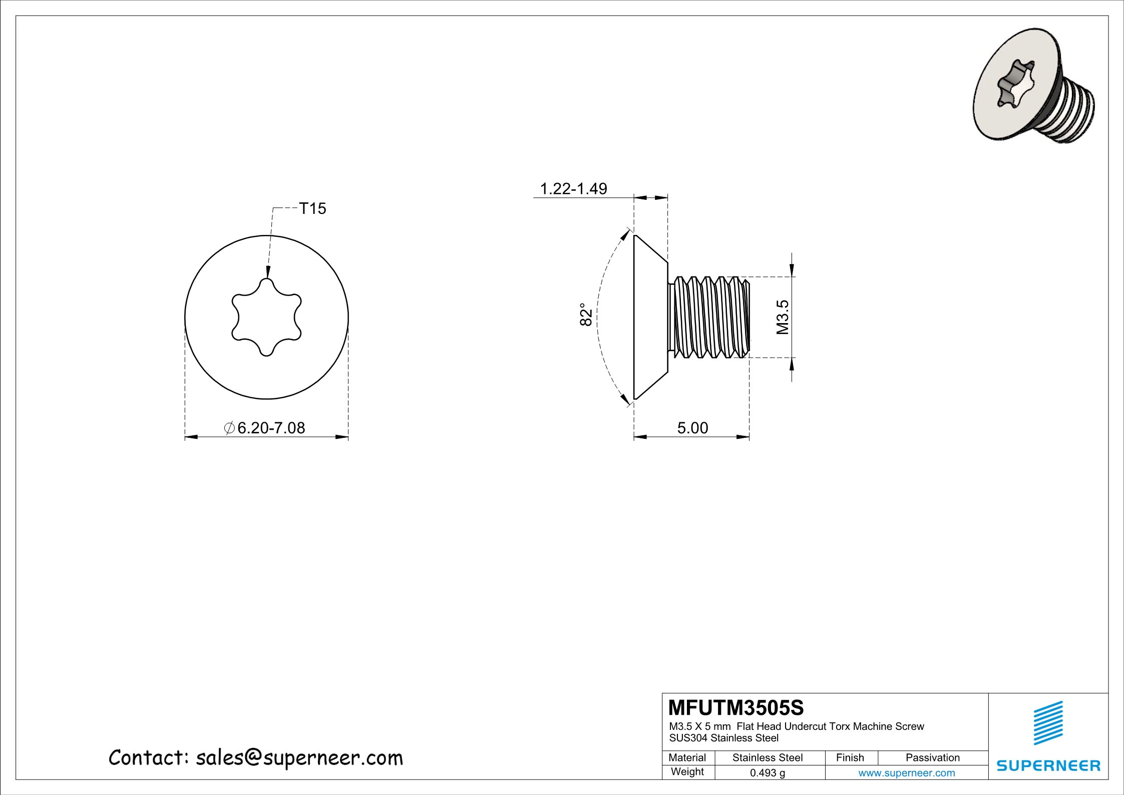 M3.5 x 5 mm  Flat Head Undercut Torx Machine Screw SUS304 Stainless Steel Inox